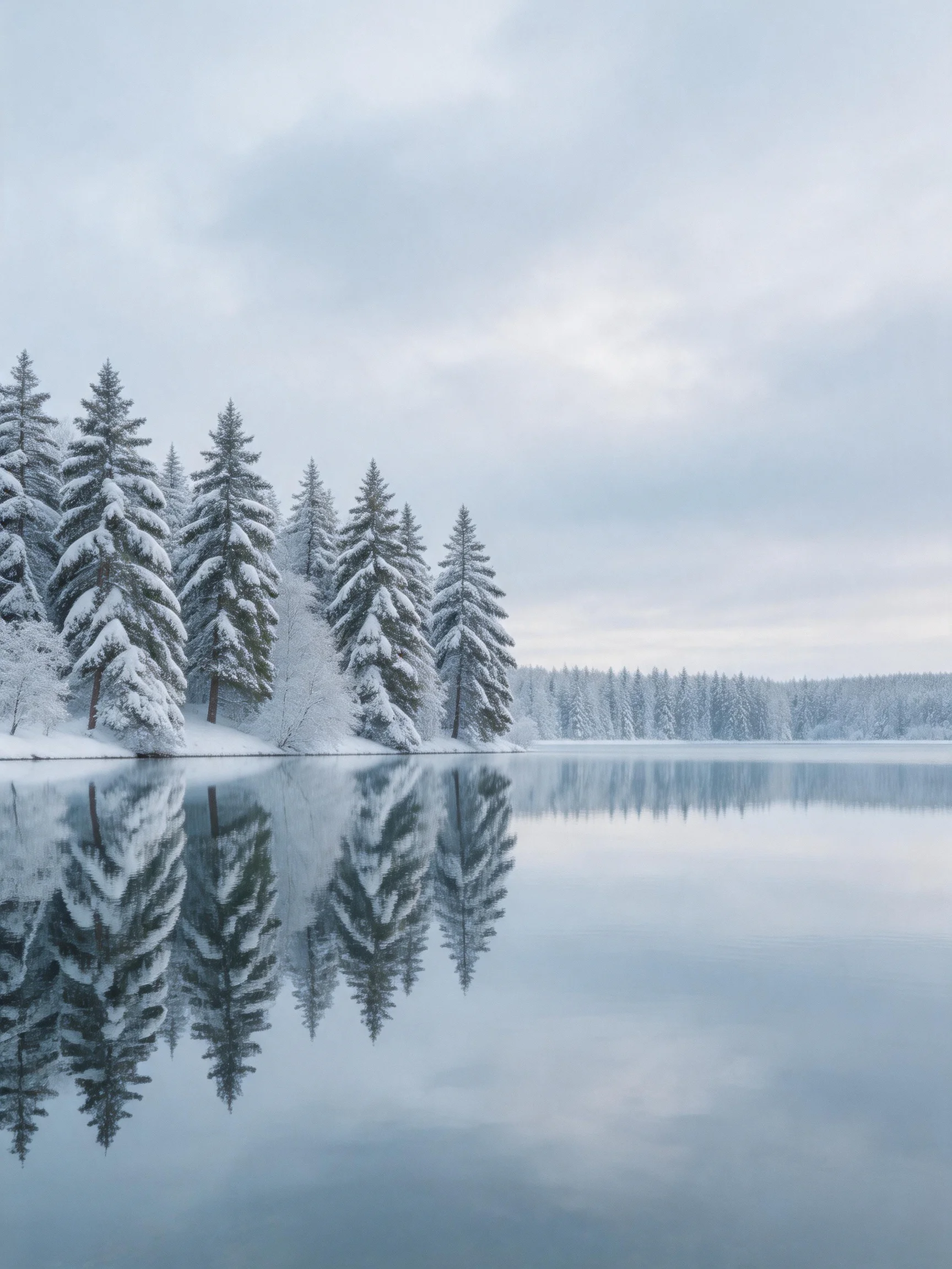 Snow-laden evergreen trees reflect in a calm, icy winter lake
