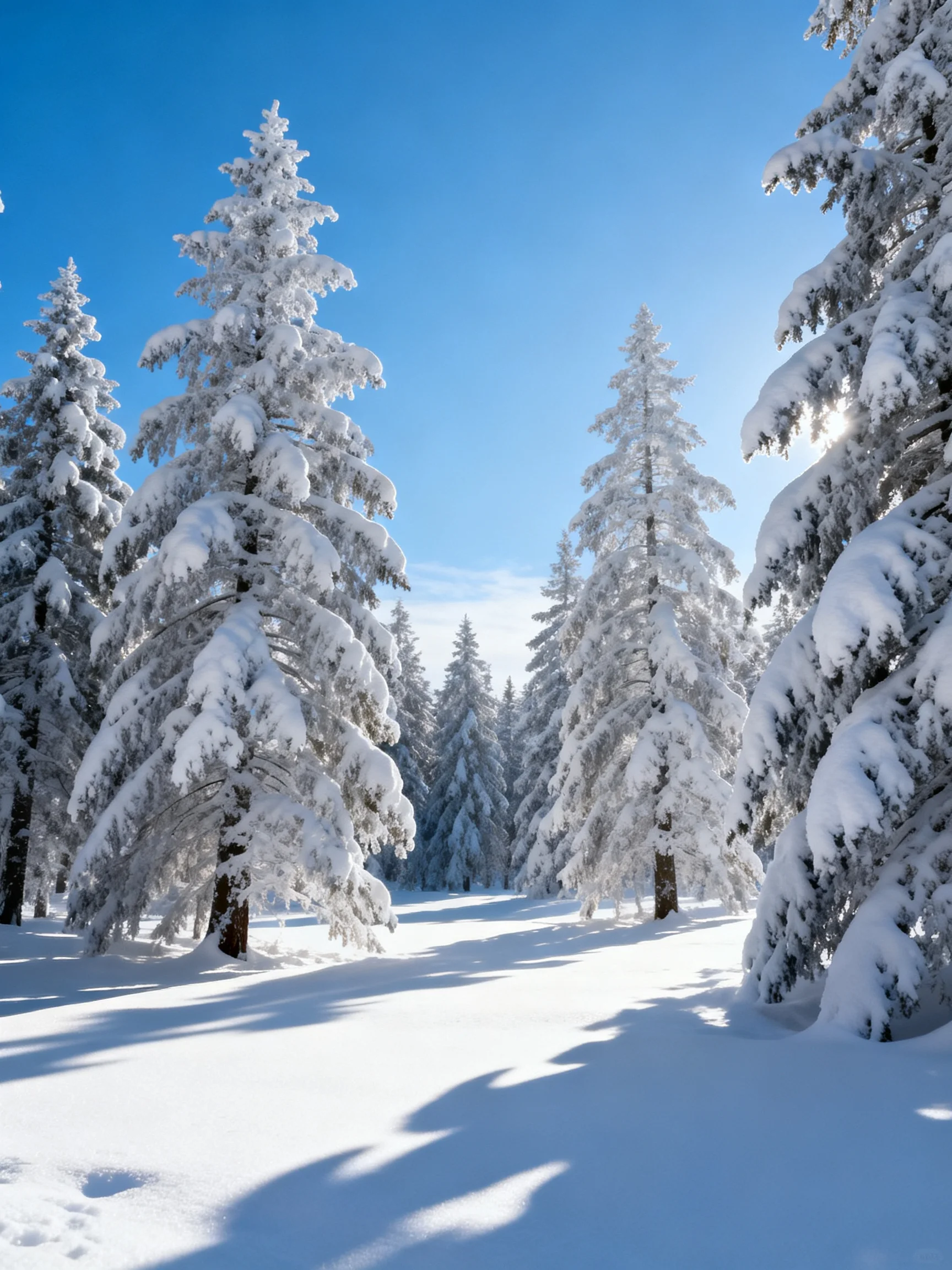 Snow-laden evergreen trees stand in a bright winter forest