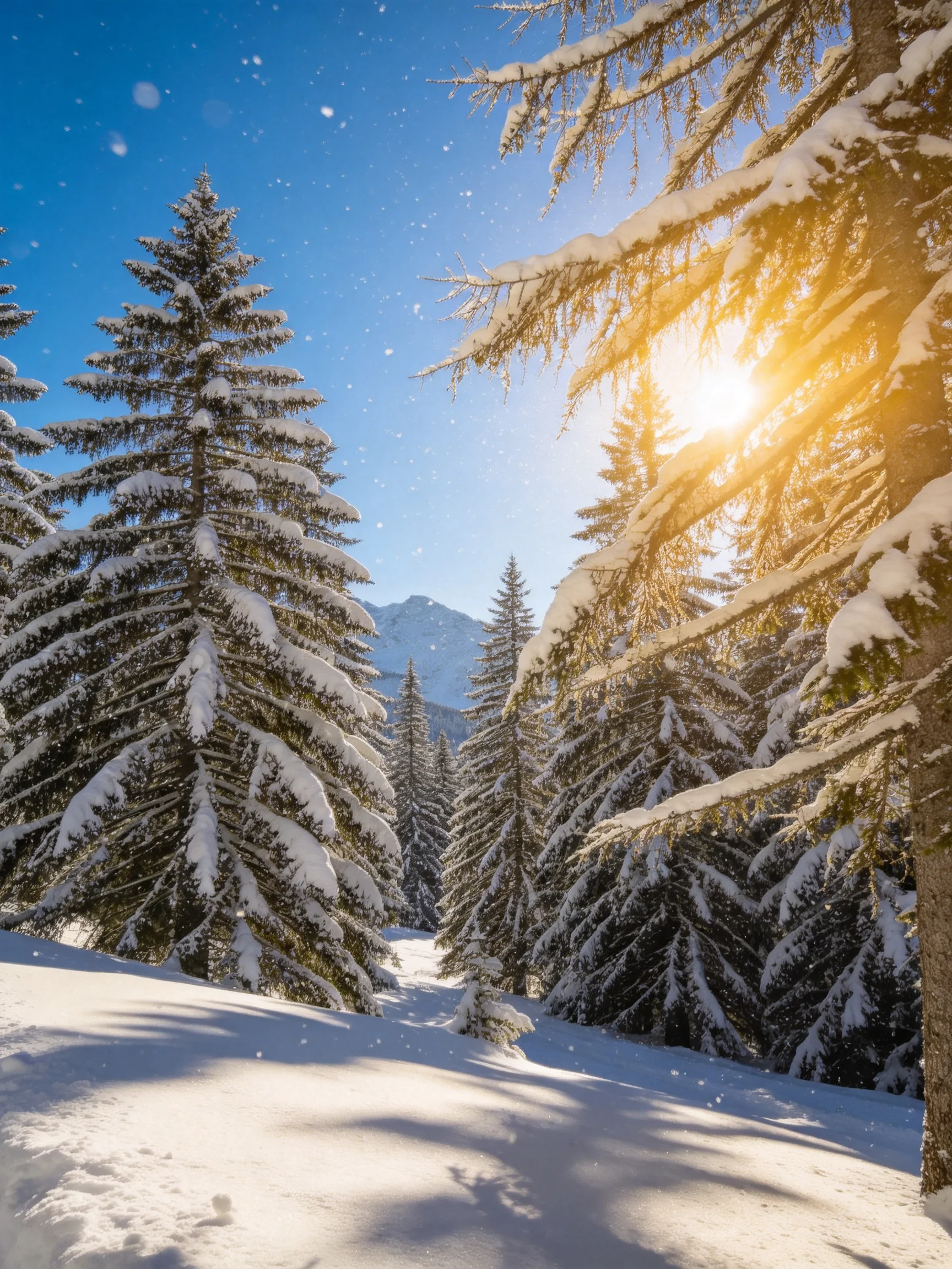 Snow-laden evergreen trees under bright sunlight with clear blue sky