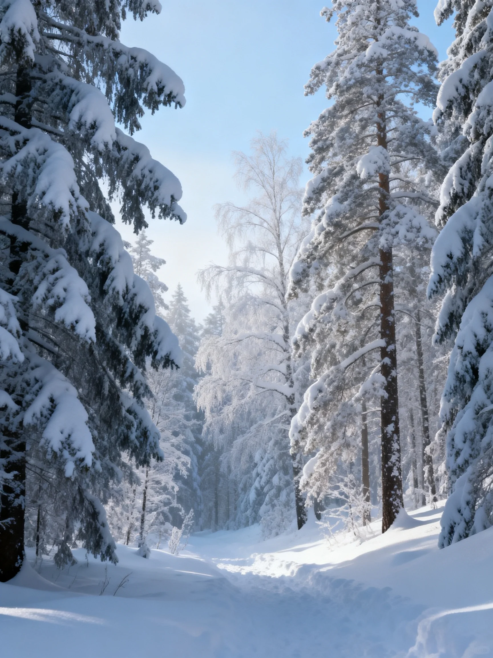 Snow-laden evergreens and birches fill a bright winter forest path