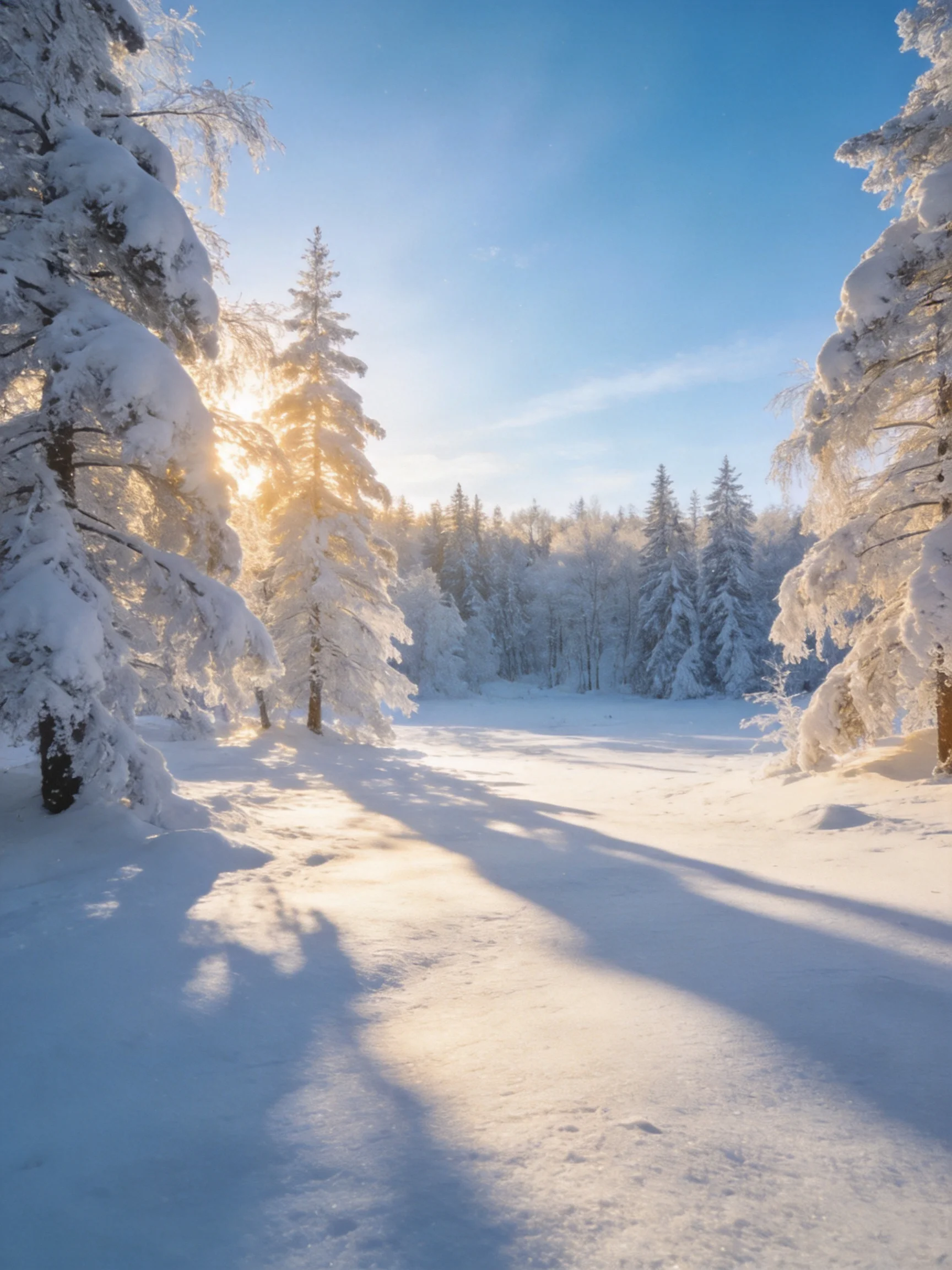 Snow-laden evergreens glow under bright winter sunlight