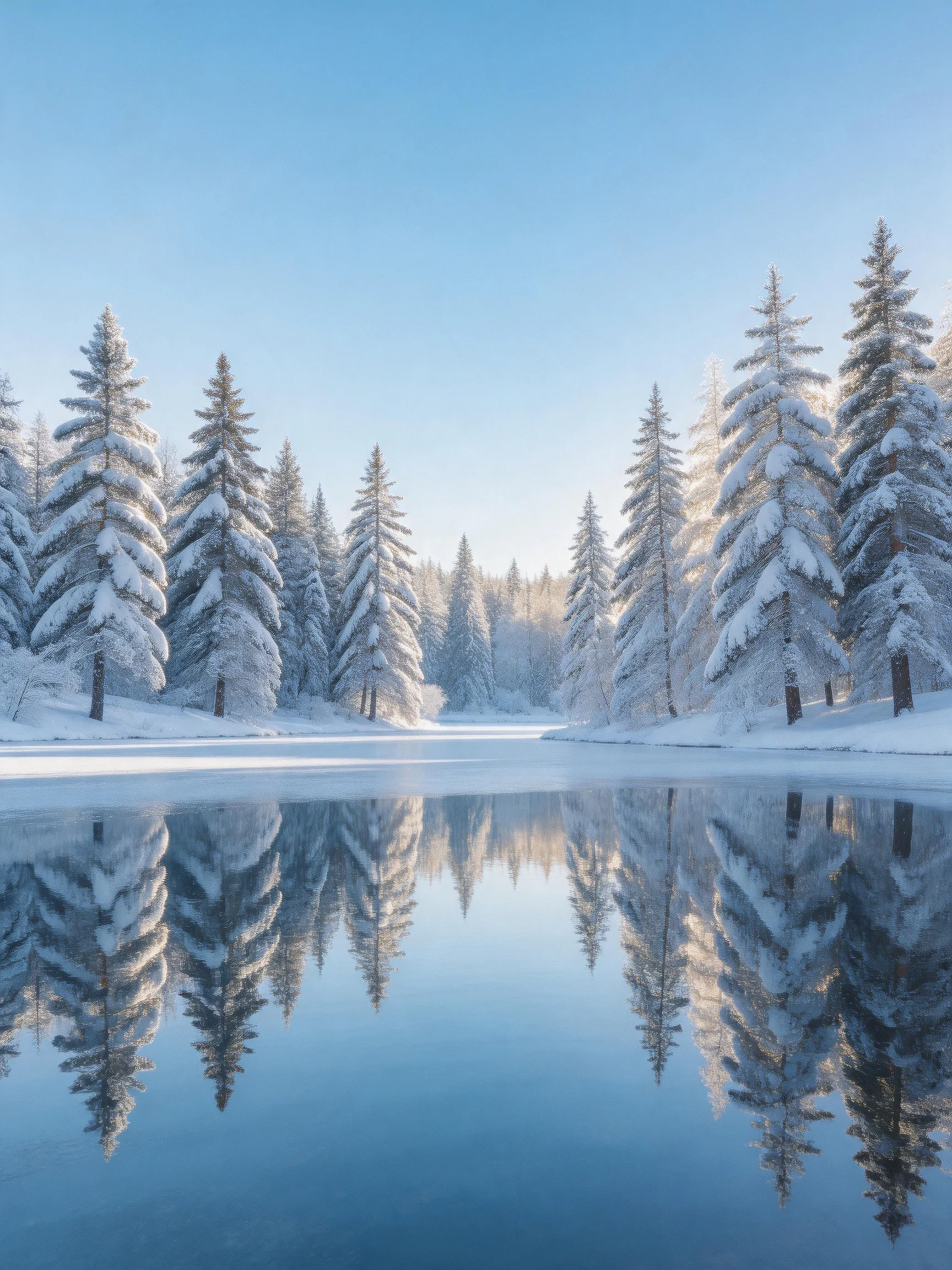 Snow-laden evergreens reflect in a frozen winter lake under clear blue sky