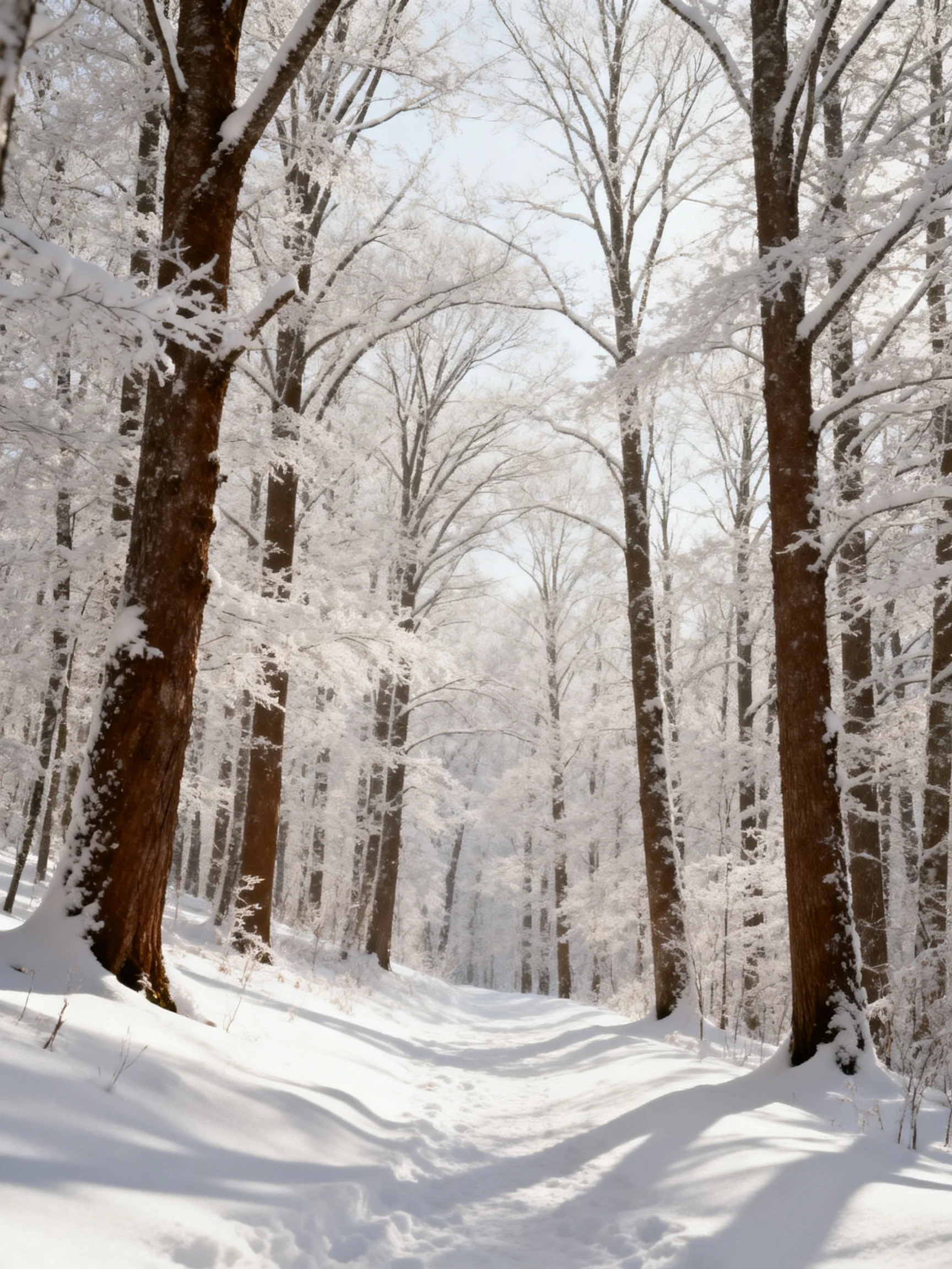 Snow-laden forest path flanked by tall brown trees