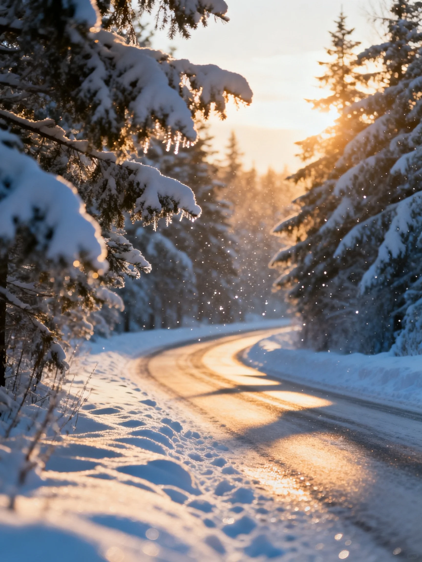 Snow-laden forest road bathed in golden sunset light