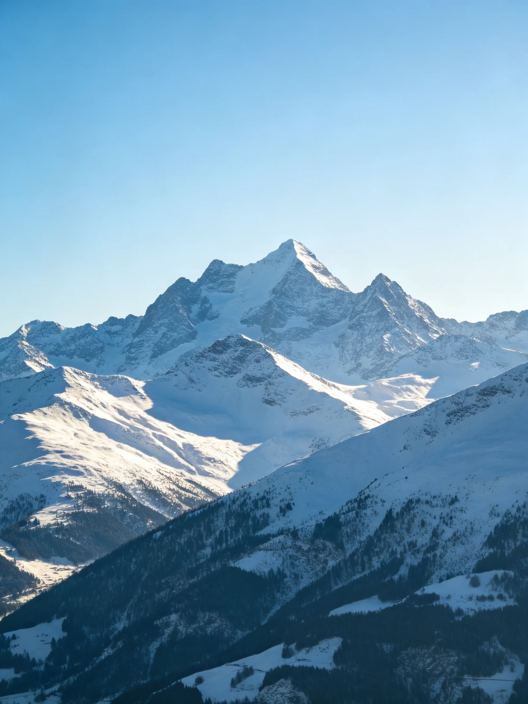 Snow-laden mountain peaks with glistening summits against a clear blue sky