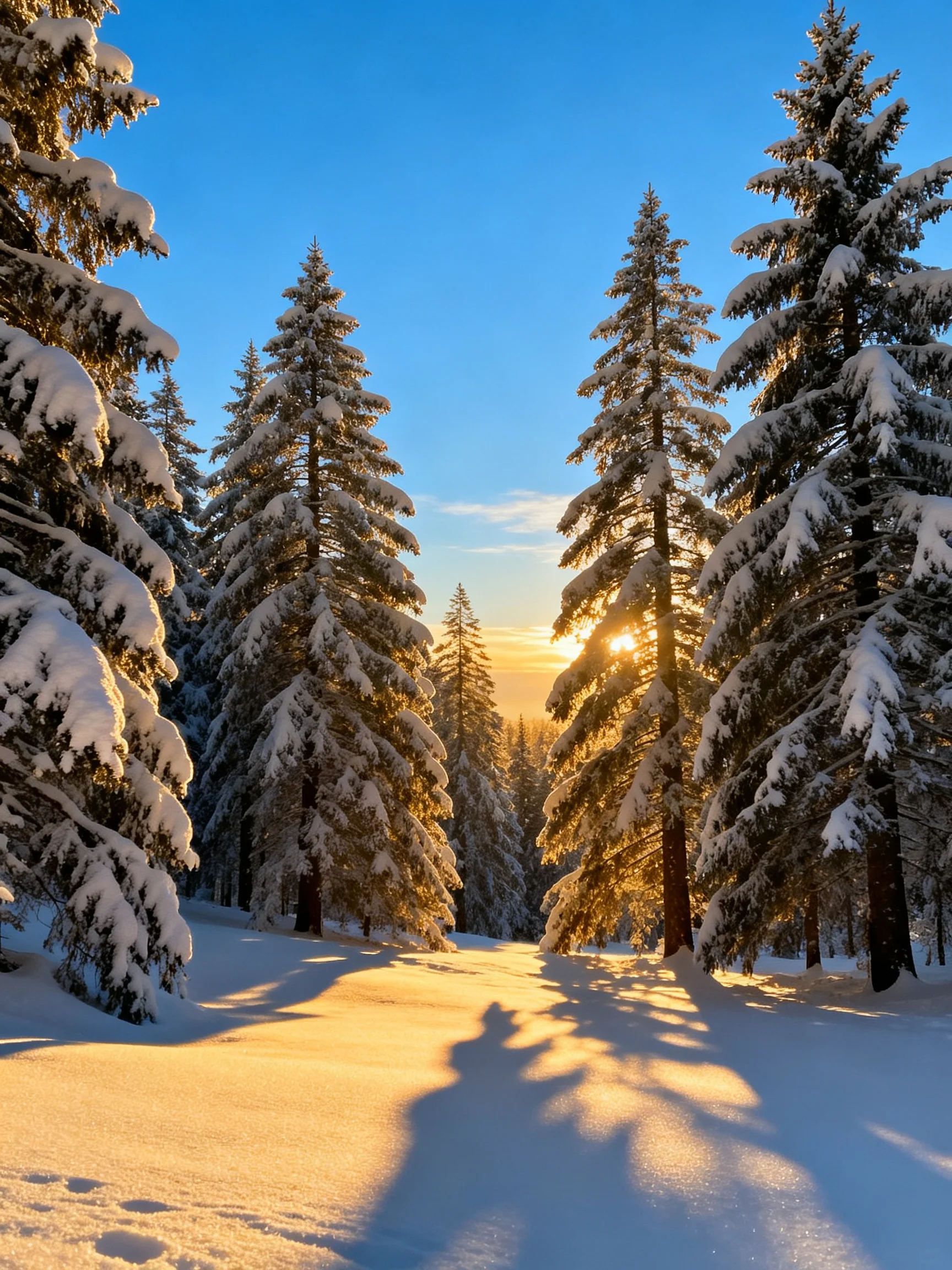 Snow-laden pine forest bathed in golden sunlight