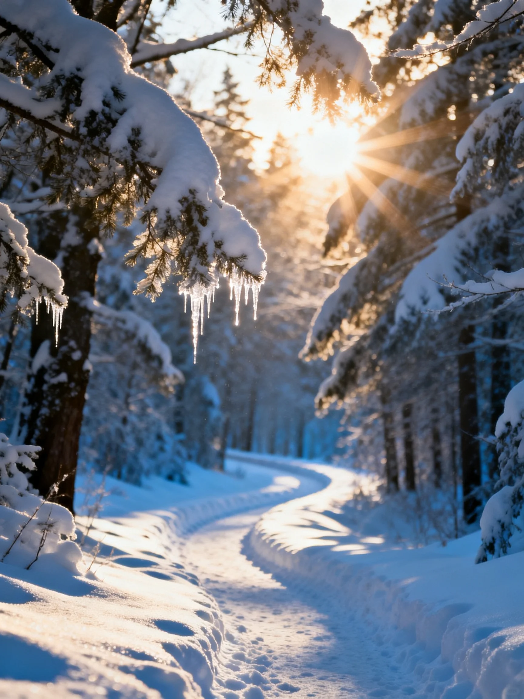 Snow-laden pine forest with icicles and sunlit snowy trail