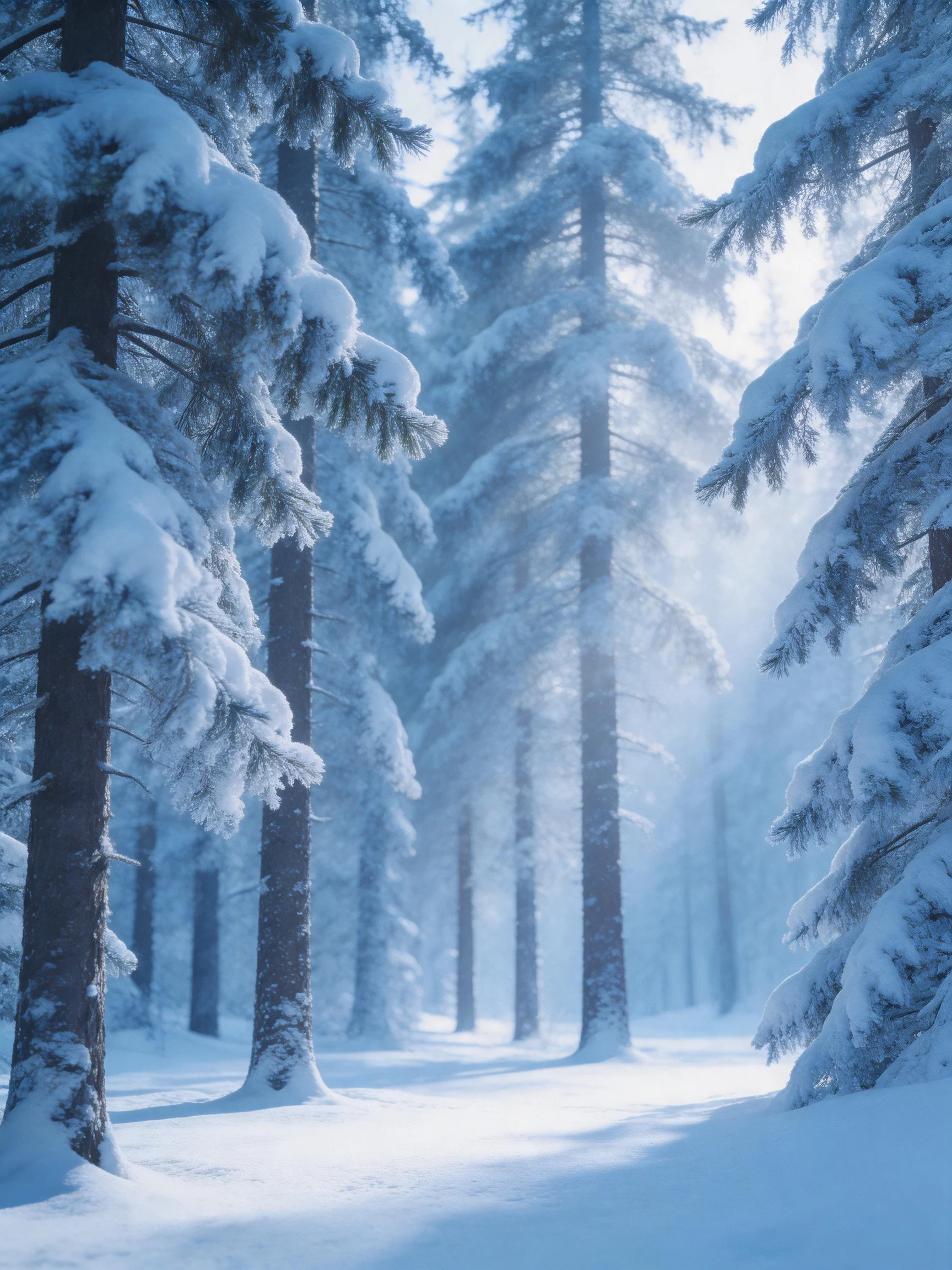 Snow-laden pine forest with soft blue winter lighting
