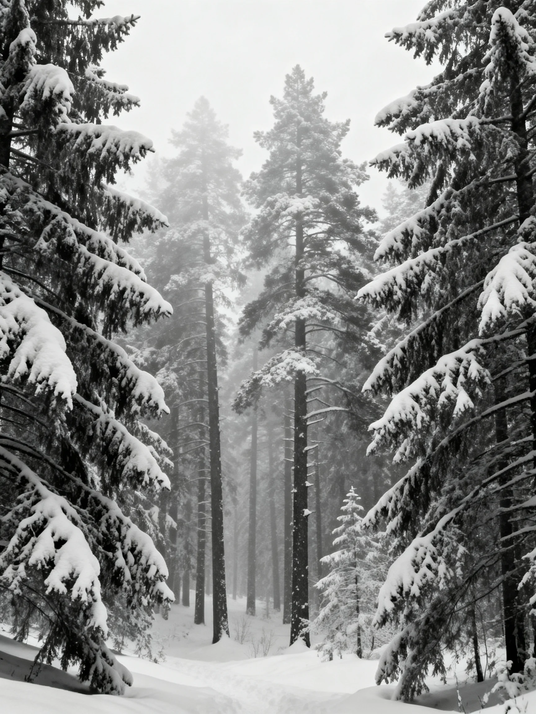 Snow-laden pine forest with towering evergreen trees and foggy conditions