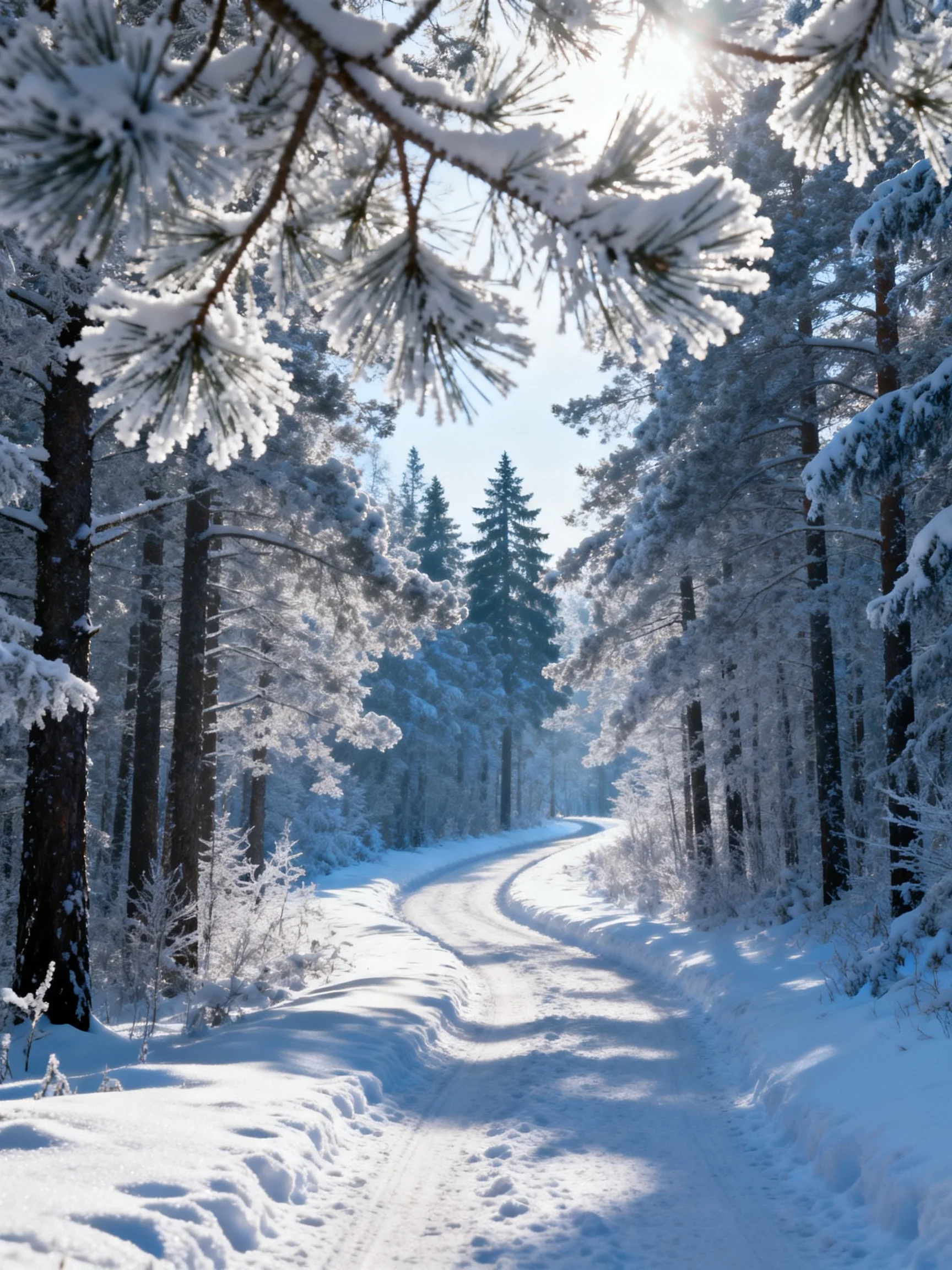Snow-laden pine forest with winding snowy path