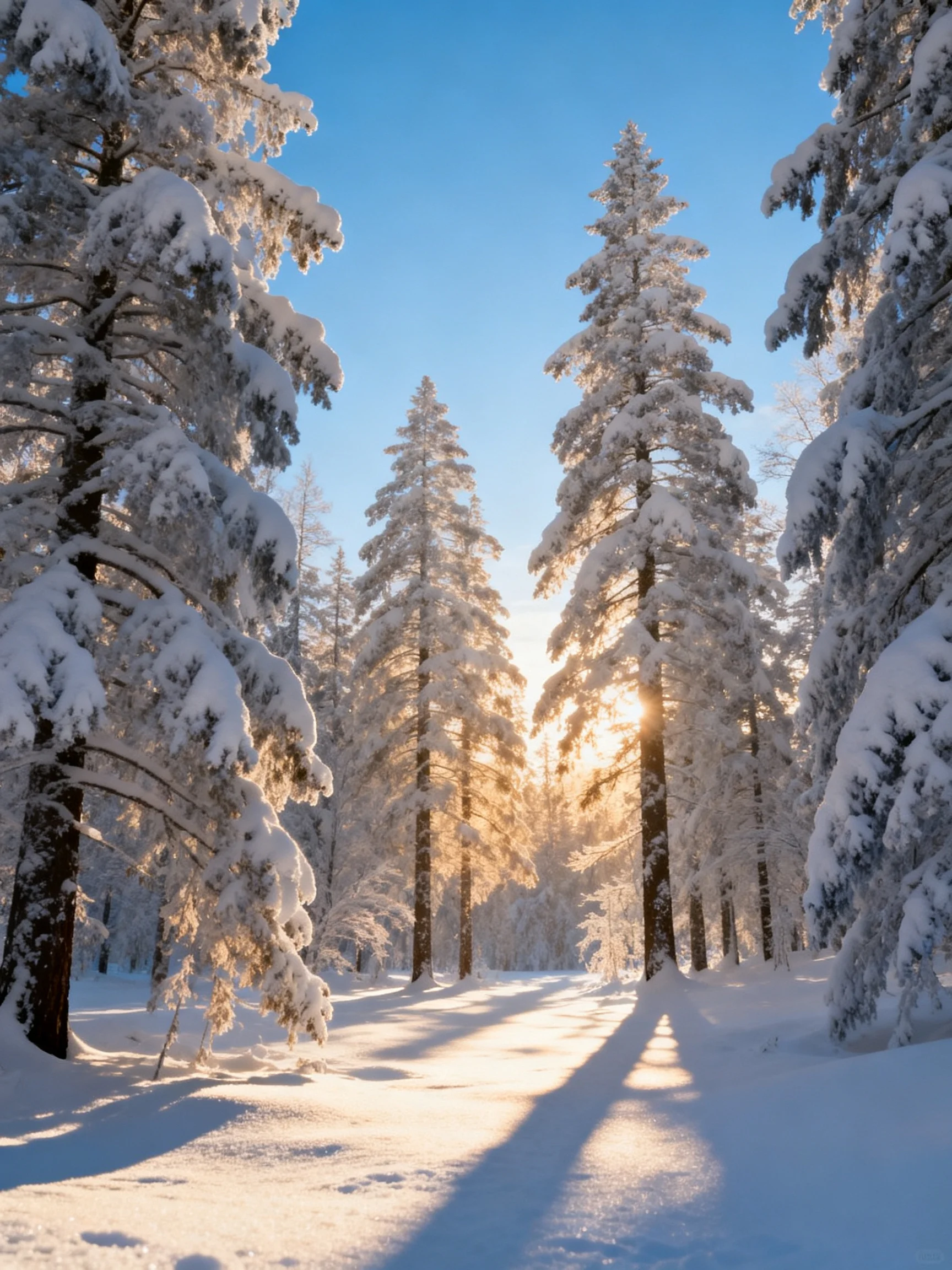 Snow-laden pine trees bathed in golden sunlight