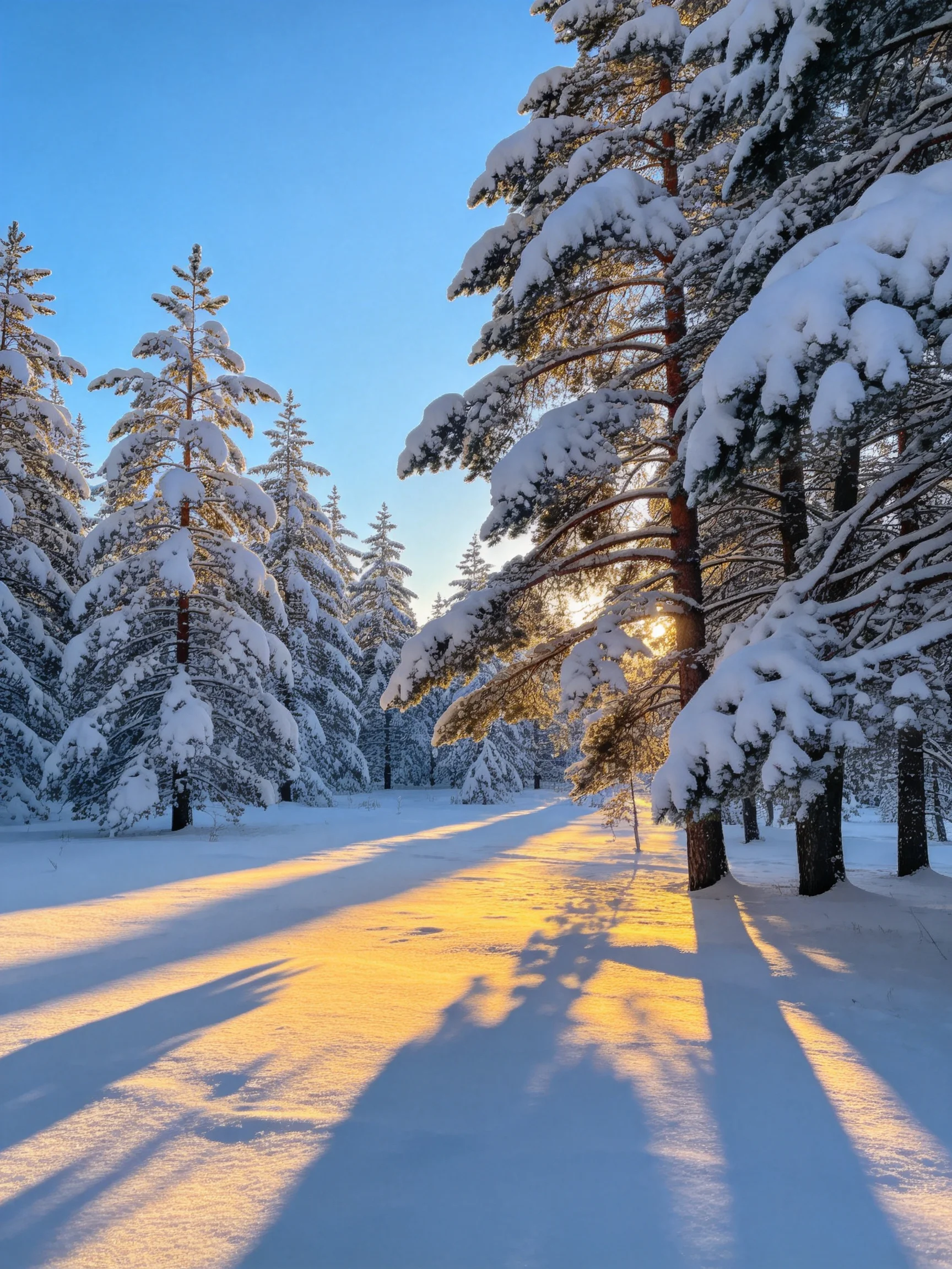 Snow-laden pine trees bathed in golden sunlight