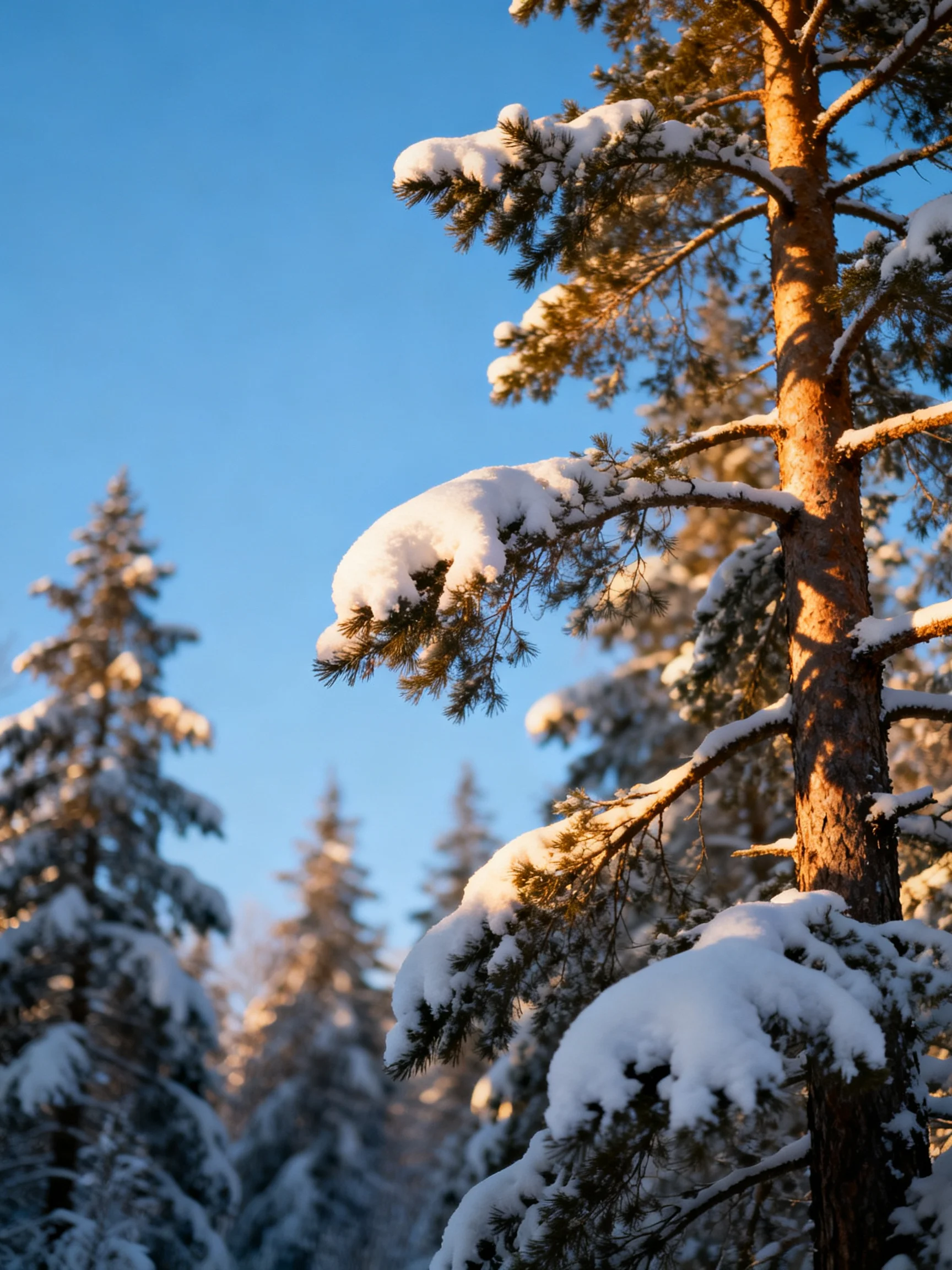Snow-laden pine trees bathed in golden winter light