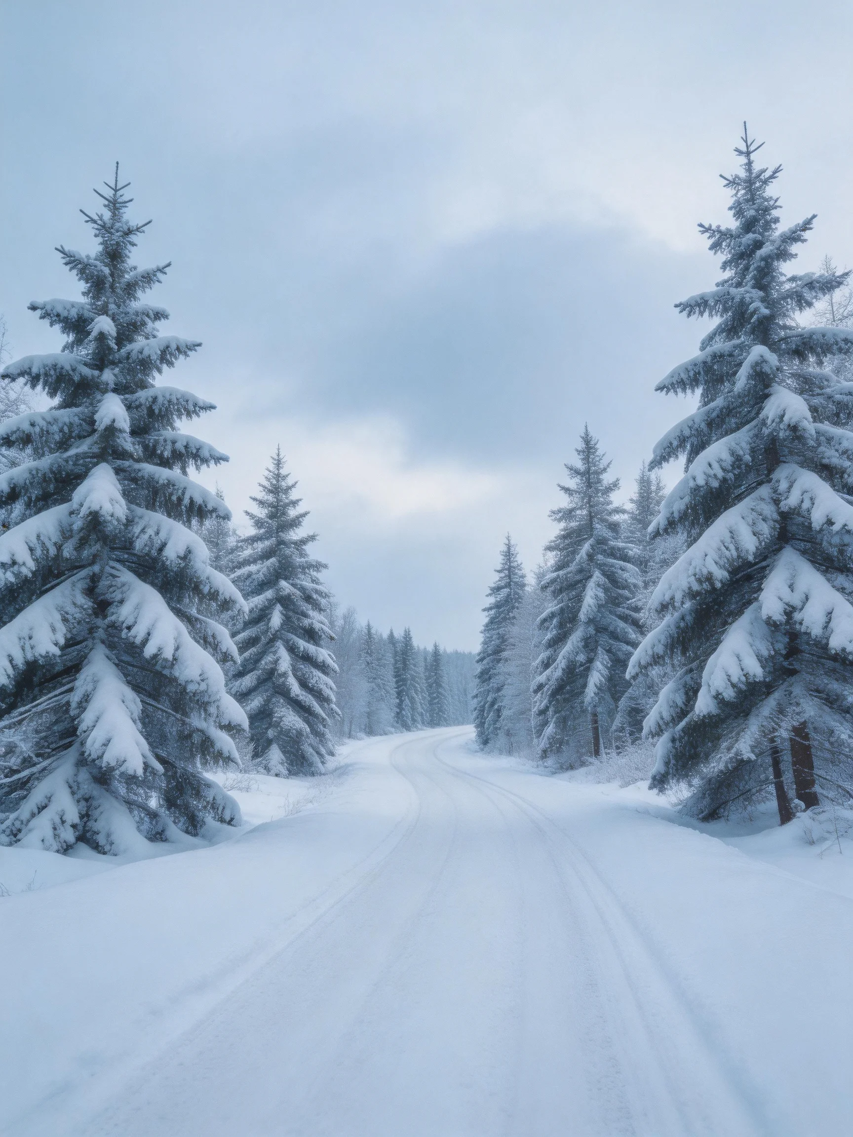 Snow-laden pine trees flank a winding road through a wintry forest