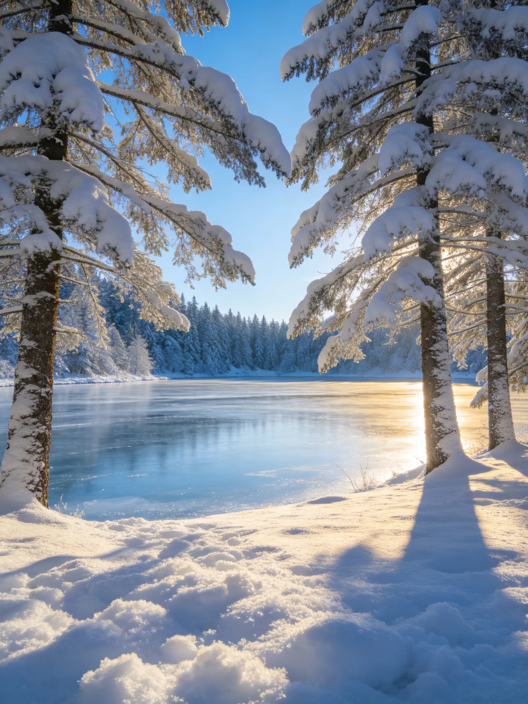Snow-laden pine trees frame a frozen lake under bright blue sky