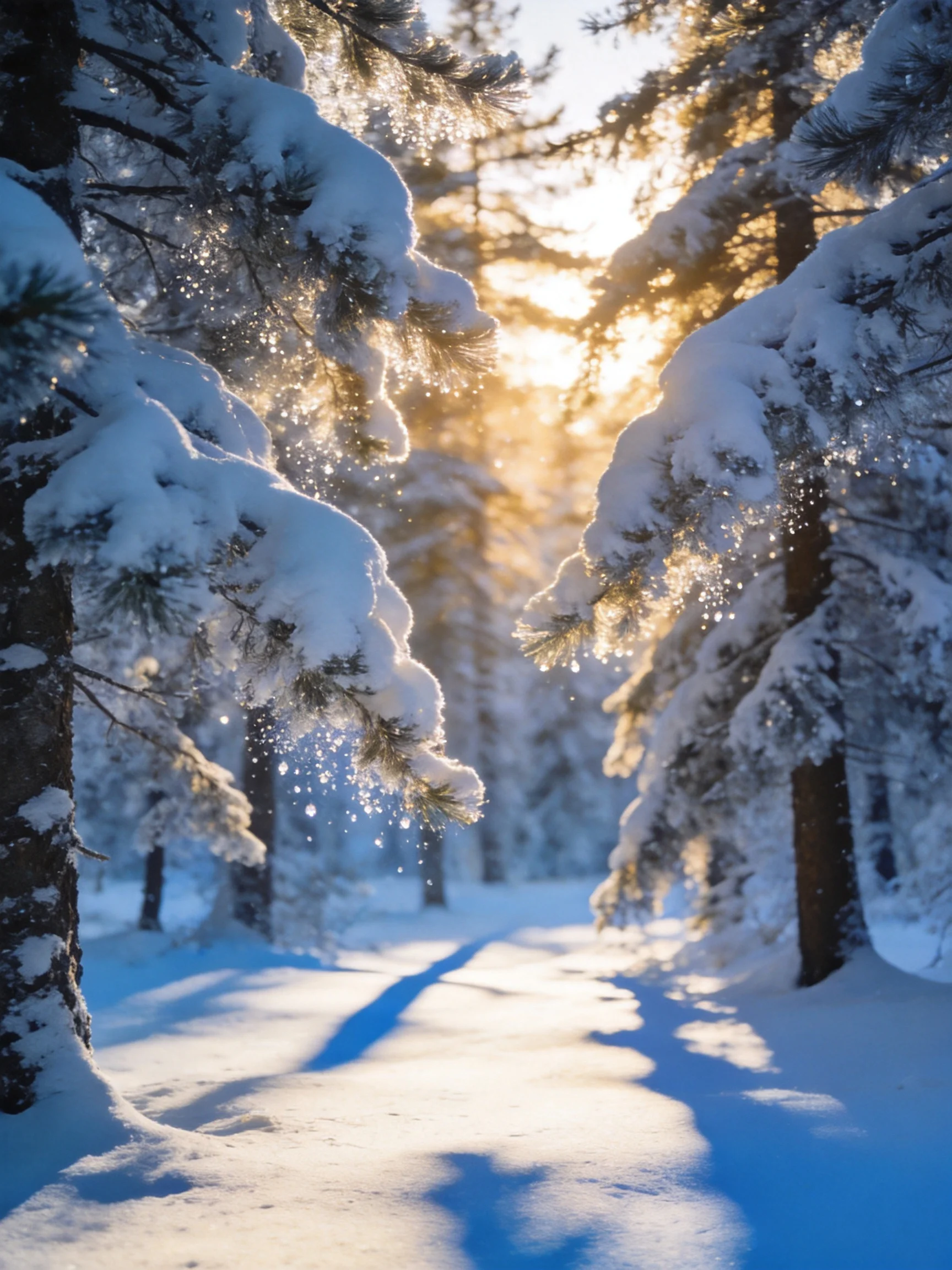 Snow-laden pine trees in golden sunlight