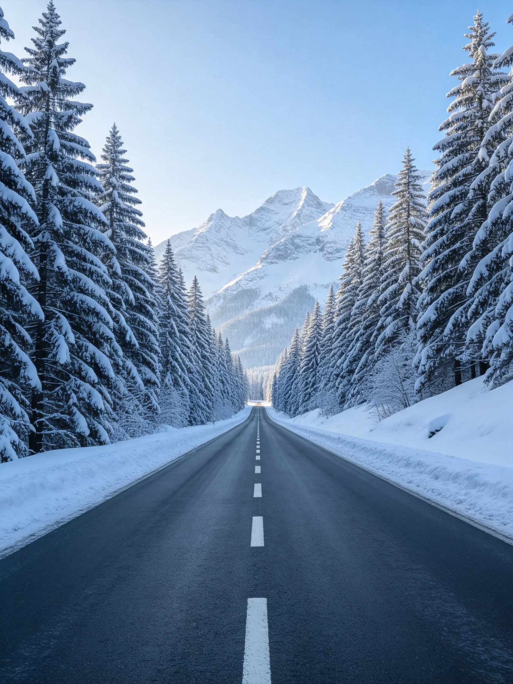 Snow-laden road through pine forest toward snow-capped mountains