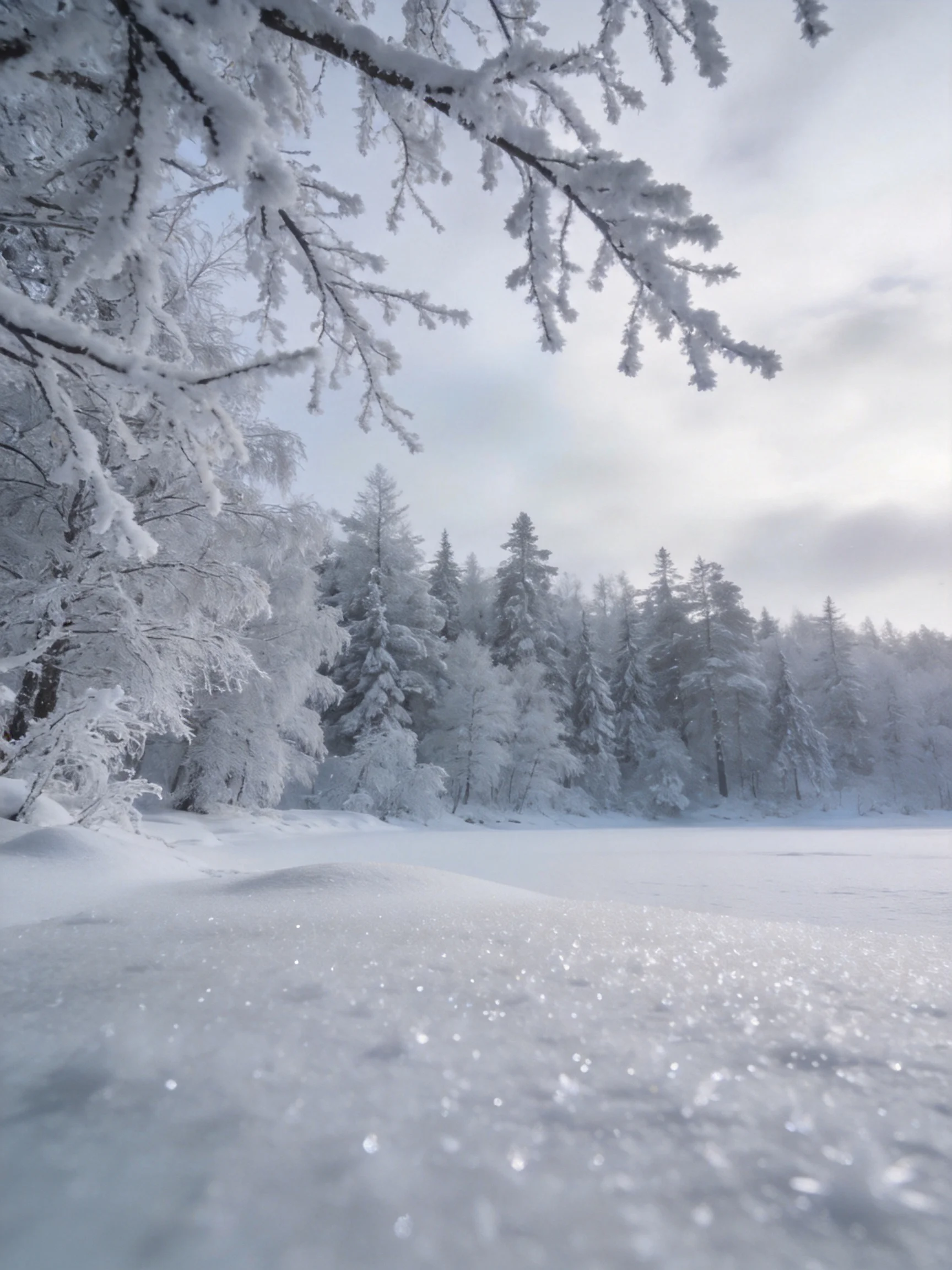 Snow-laden trees encircle a frozen lake under a gray winter sky