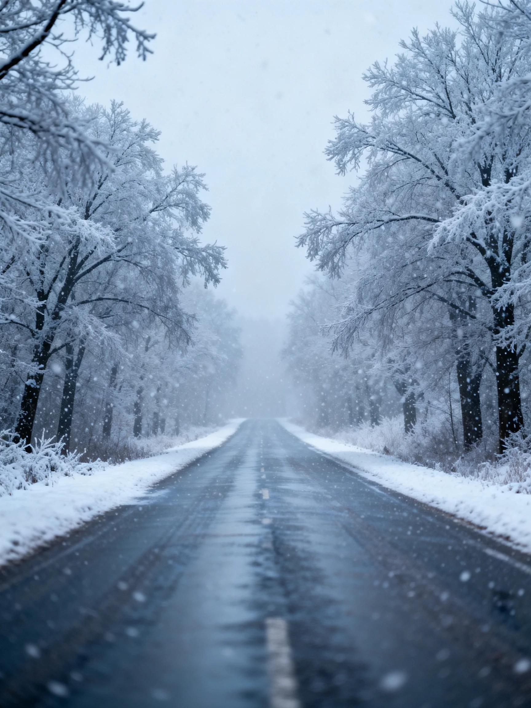 Snow-laden trees flank a damp, straight winter road