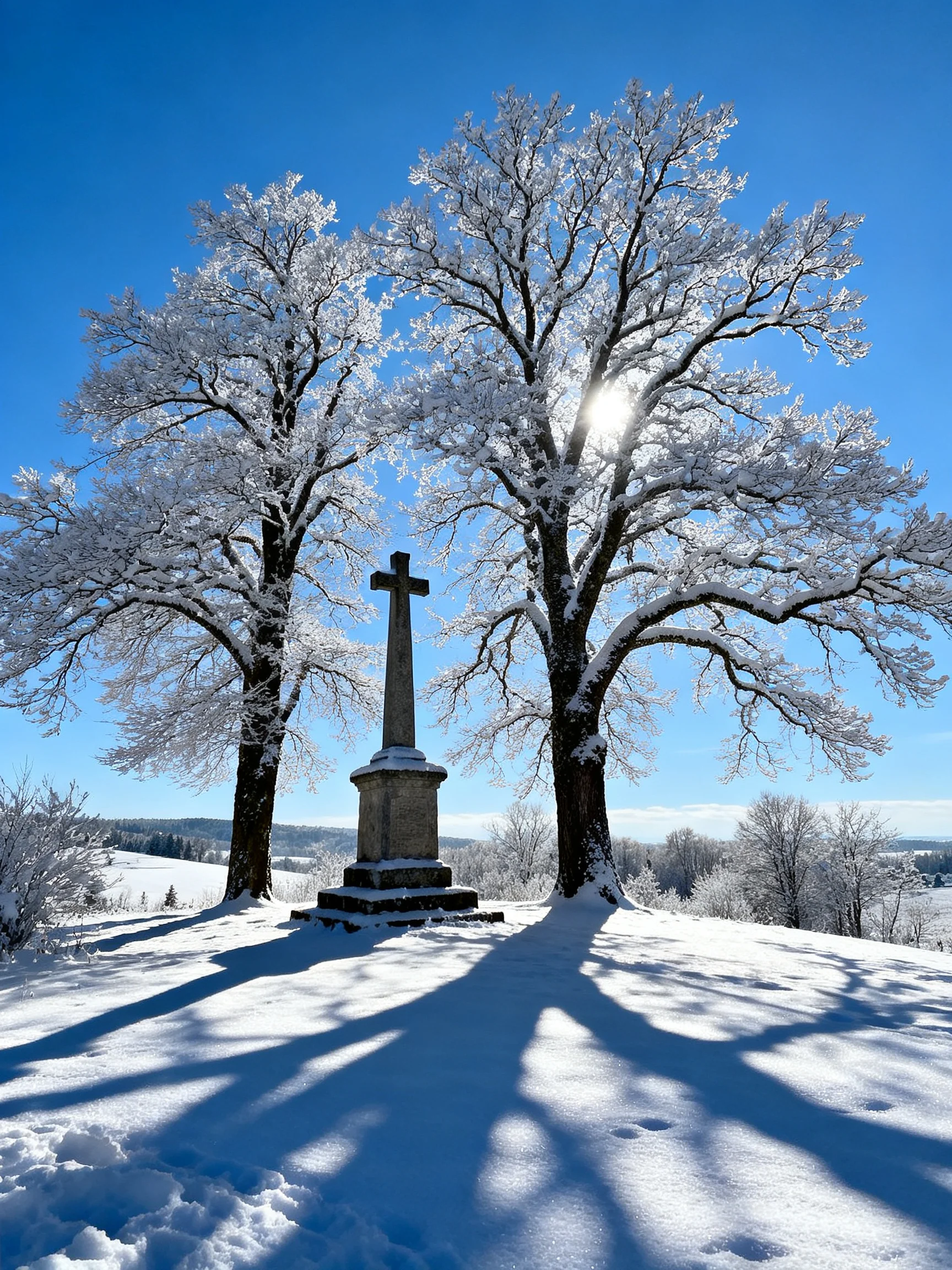 Snow-laden trees flank a stone cross under clear blue sky