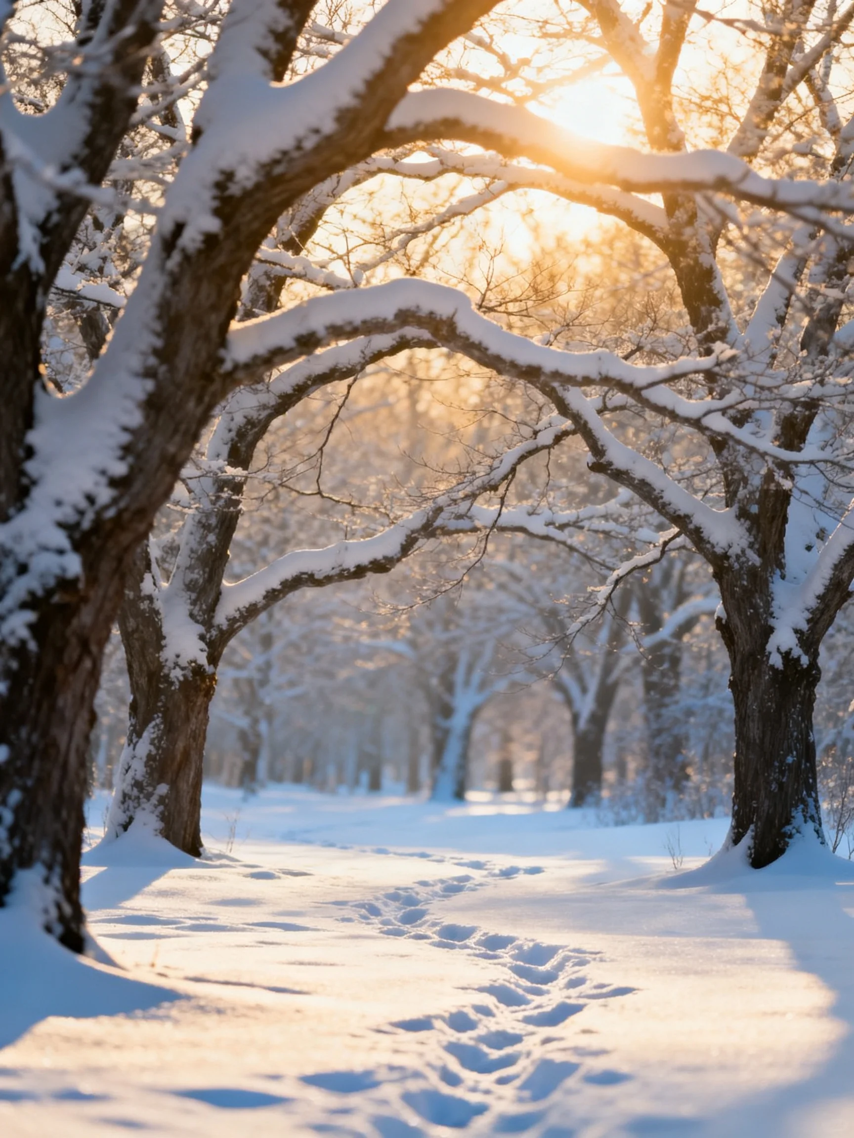 Snow-laden trees form an arched pathway under golden sunlight
