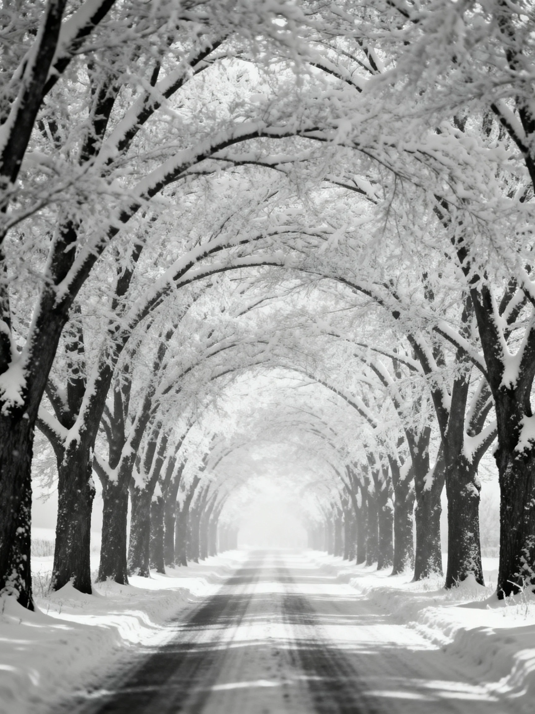 Snow-laden trees form an arched tunnel over a snowy roadway
