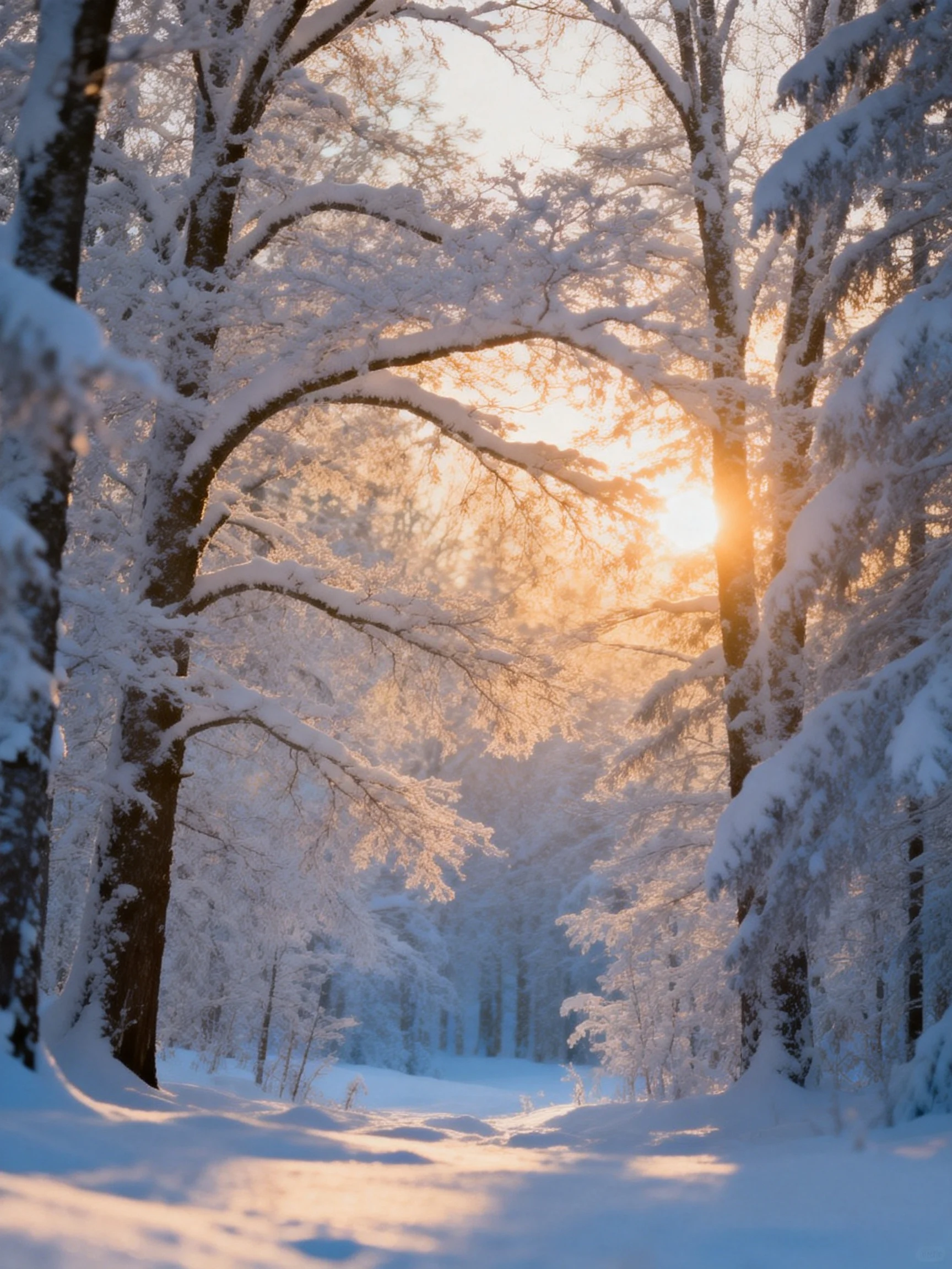 Snow-laden trees frame a sunlit winter forest path