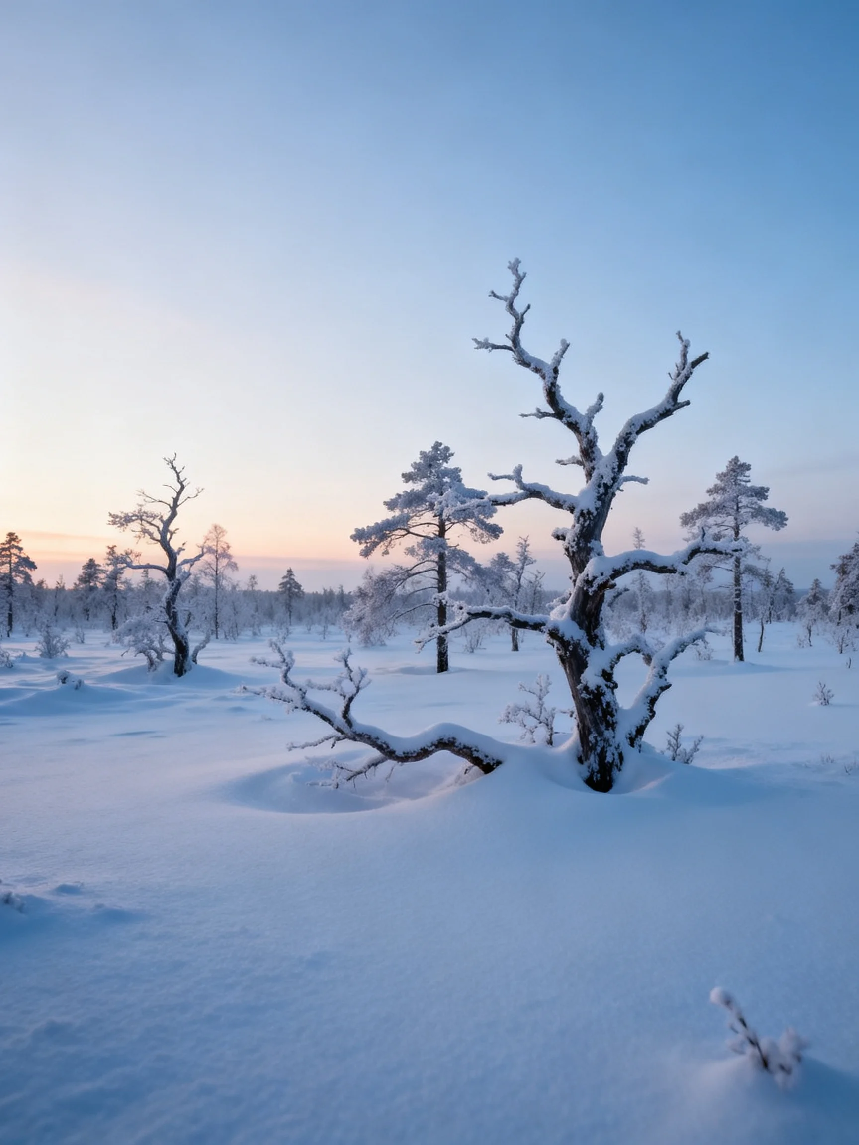 Snow-laden trees scatter across a vast white winter landscape under gradient blue skies