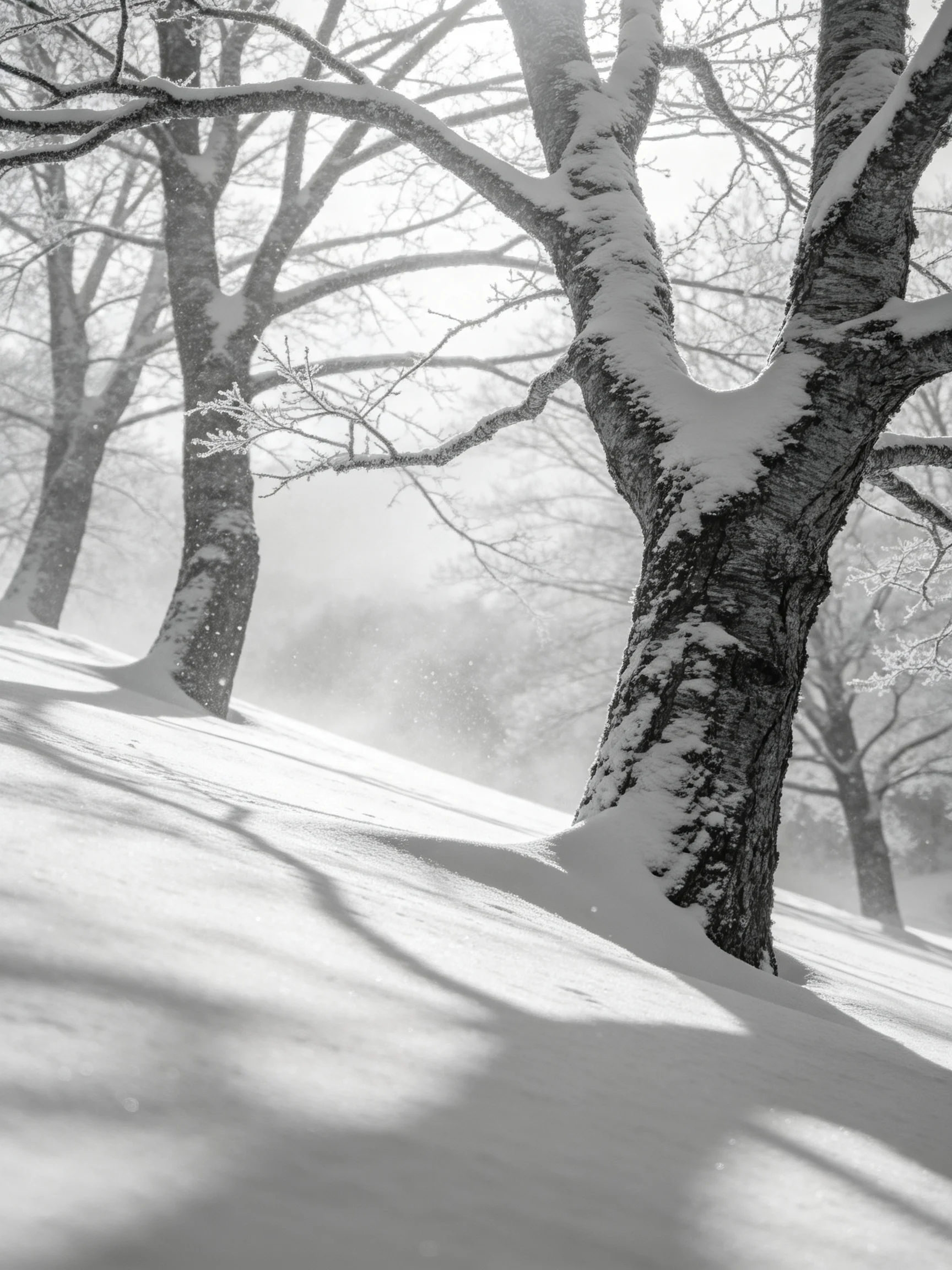 Snow-laden trees stand tall amid a bright winter landscape