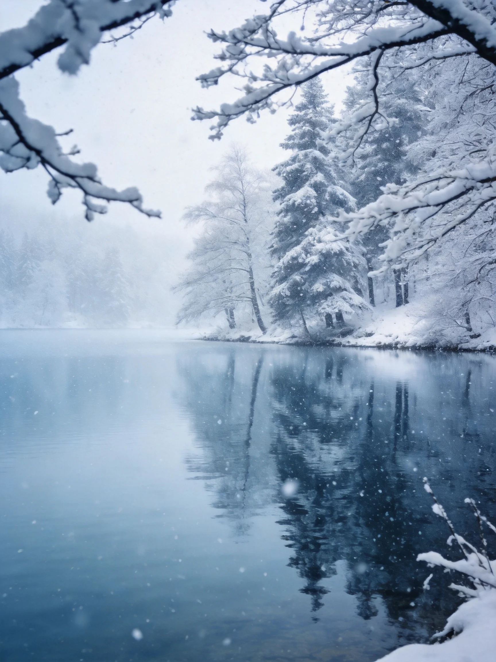 Snow-laden trees surround a calm blue lake in winter