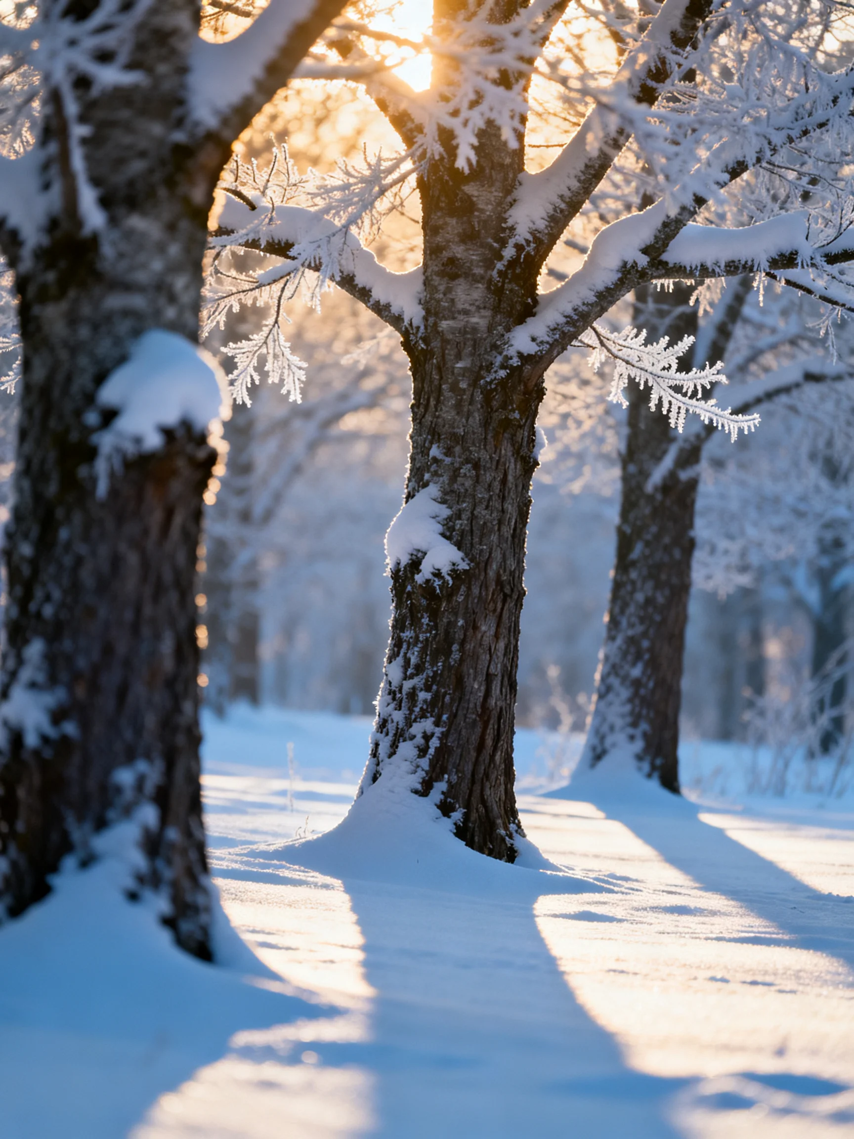 Snow-laden trees with frosty branches under golden winter light