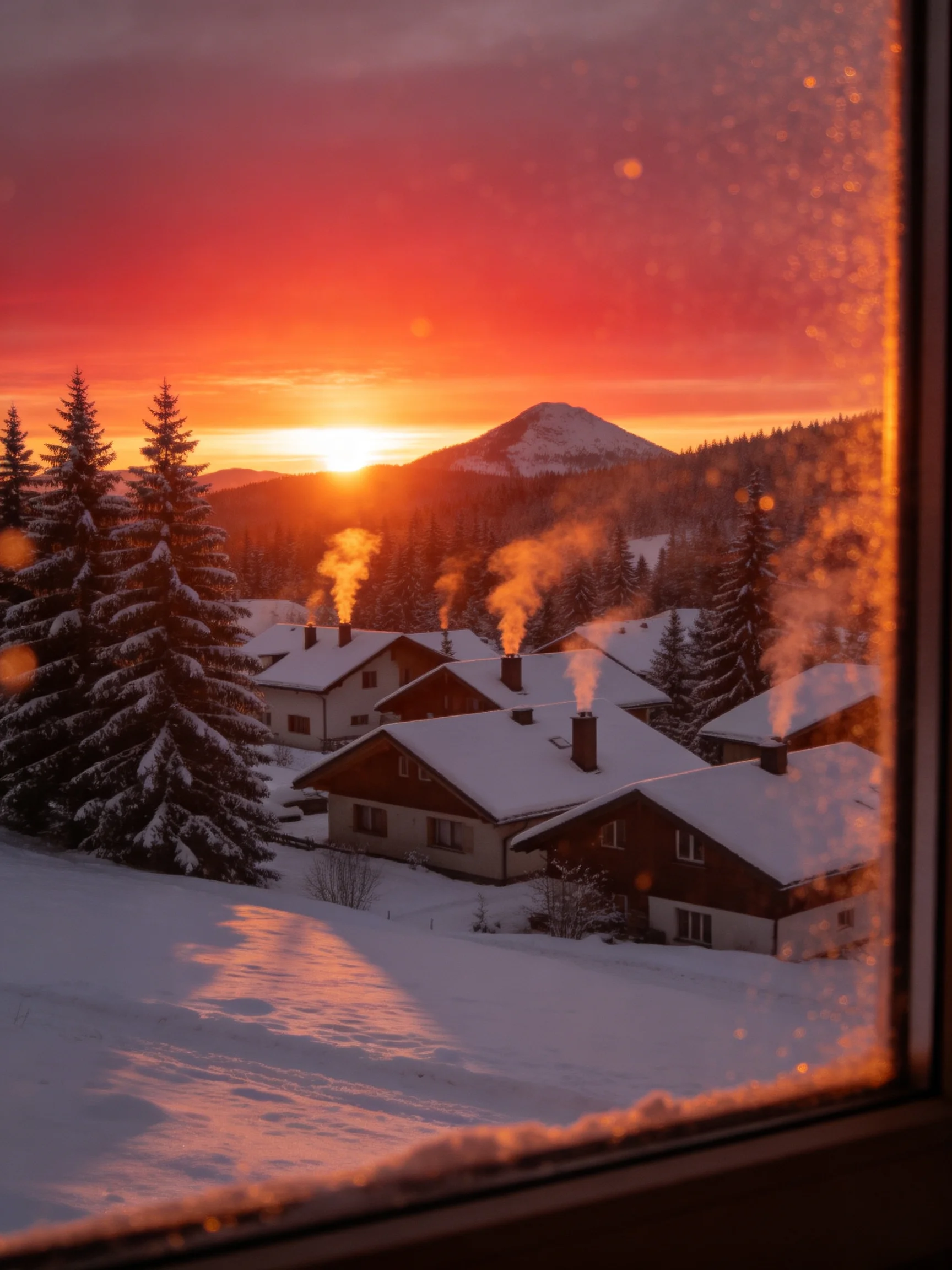 Snow-laden village with smoking chimneys beneath fiery sunset sky