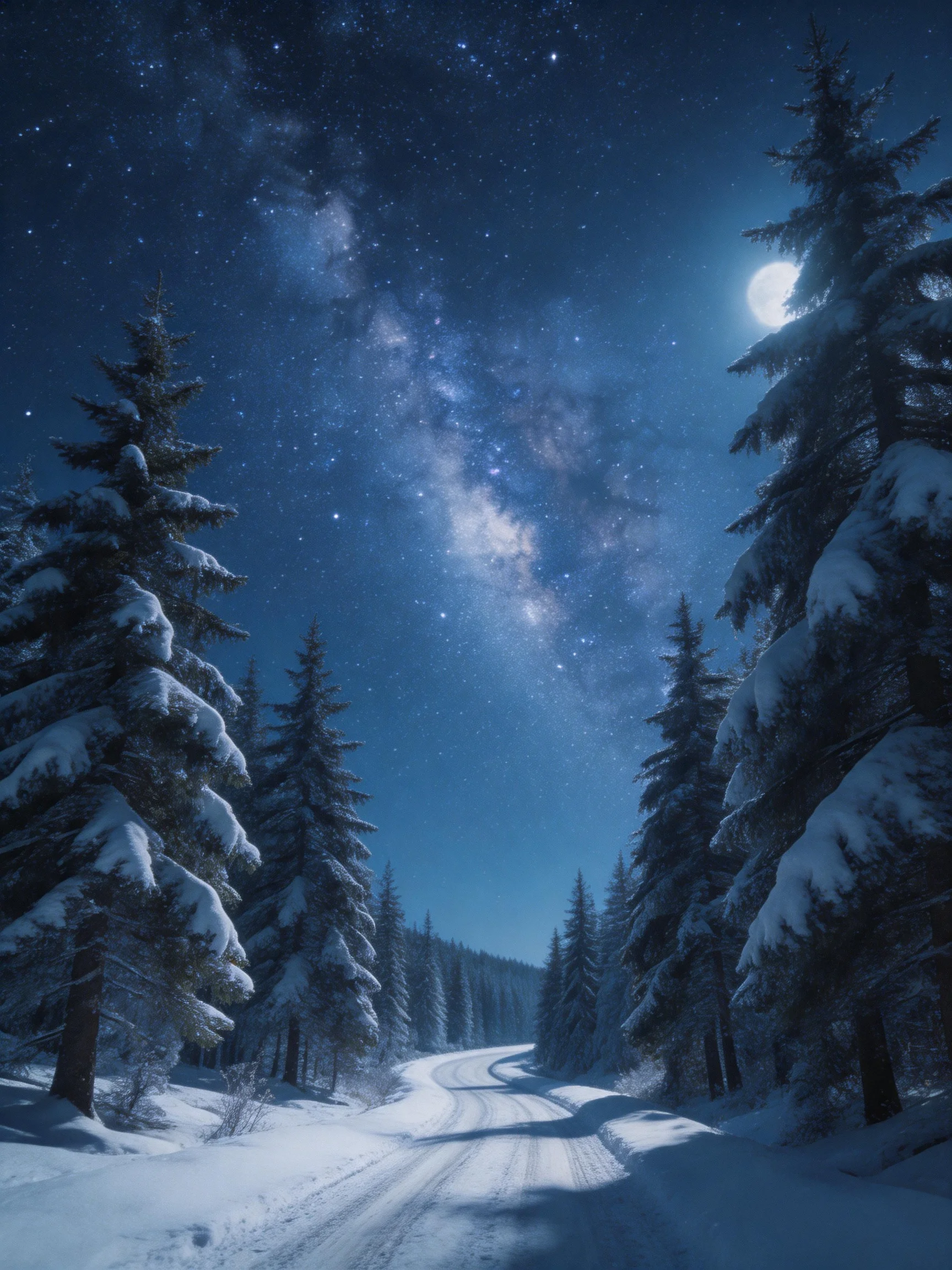 Snowy forest path flanked by tall evergreens leads into distance under starry night