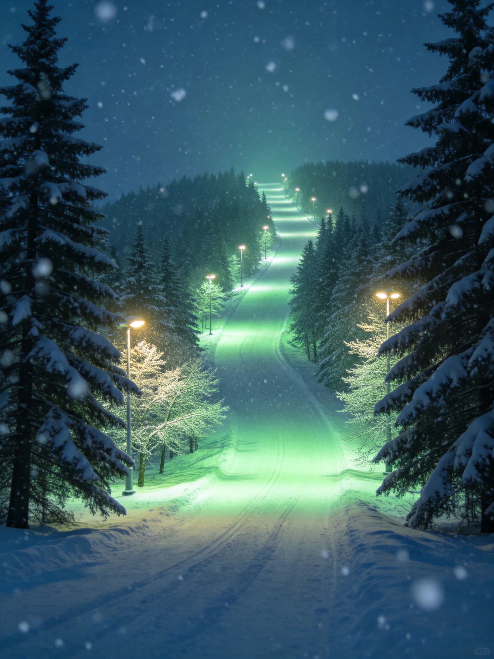 Snowy forest path illuminated by glowing green lights at night