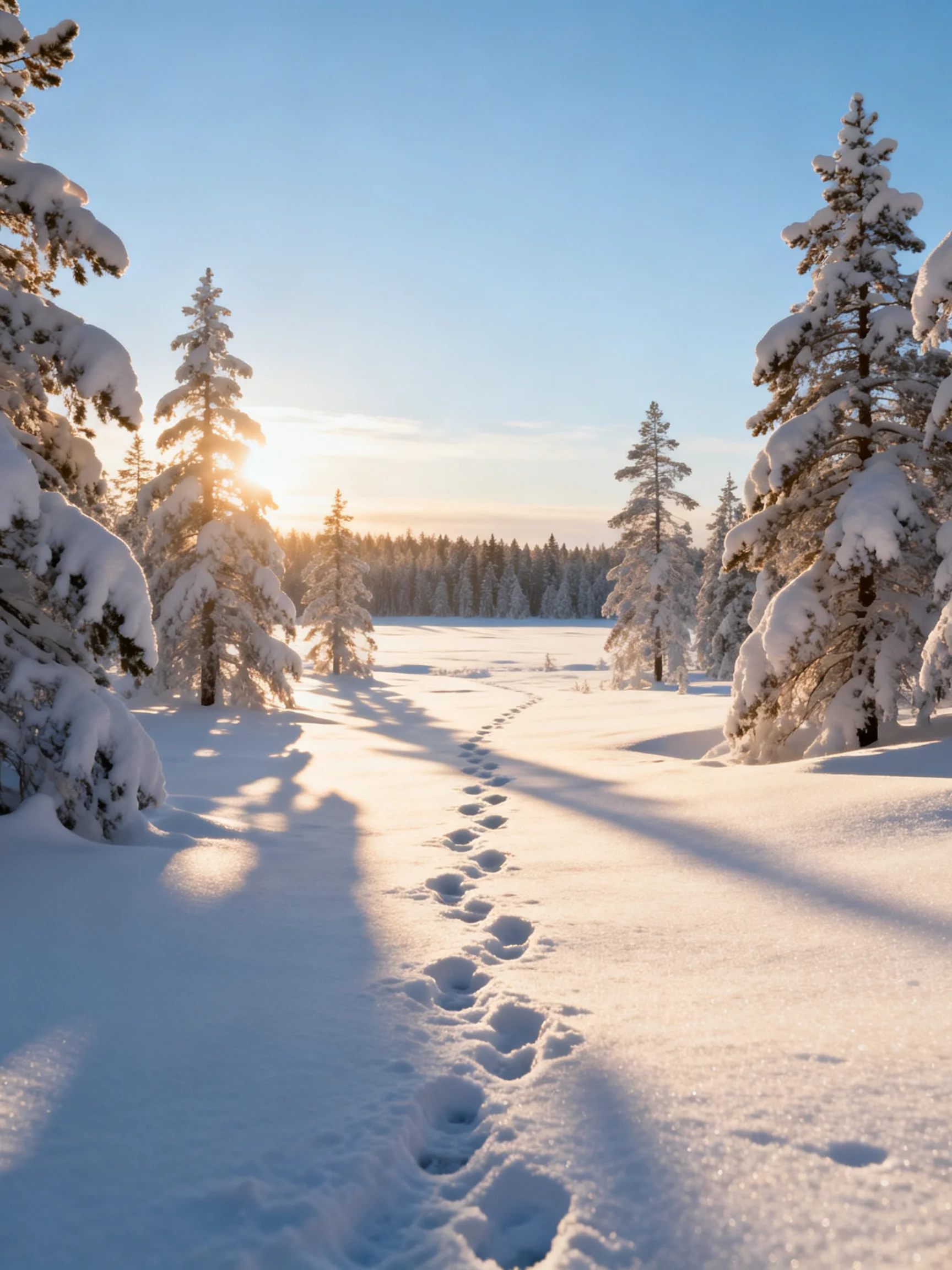 Snowy forest path with footprints under golden sunlight