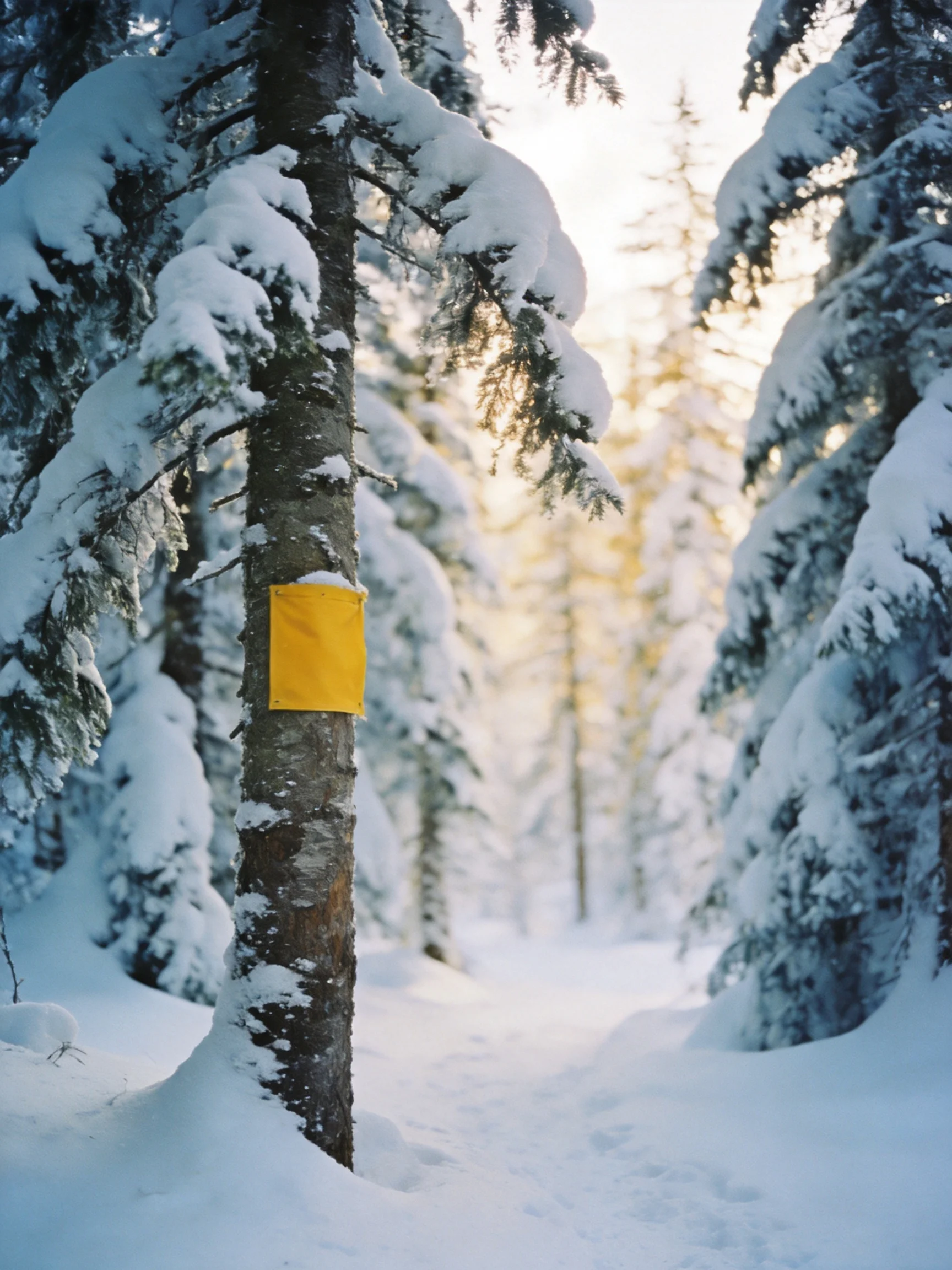 Snowy forest with tall evergreen trees and a bright yellow marker
