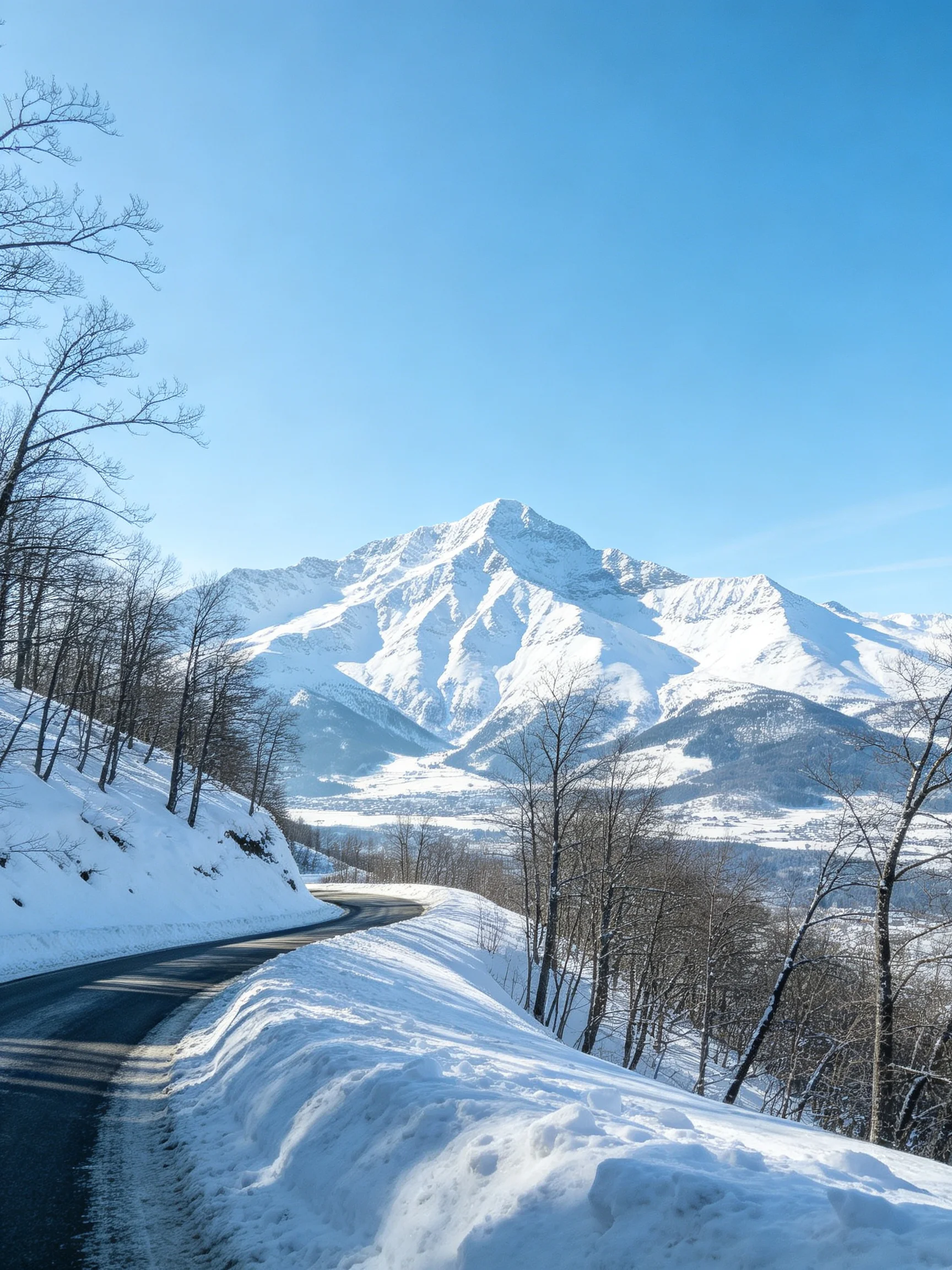Snowy mountainous landscape with winding road and clear blue sky