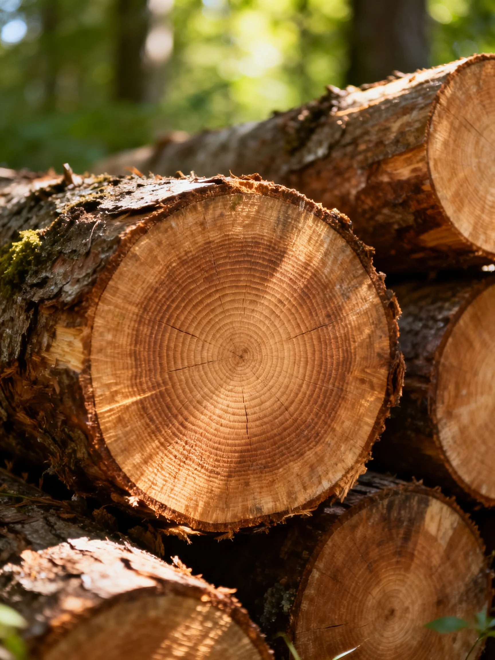 Stack of Cut Logs with Prominent Tree Rings in Sunlit Forest