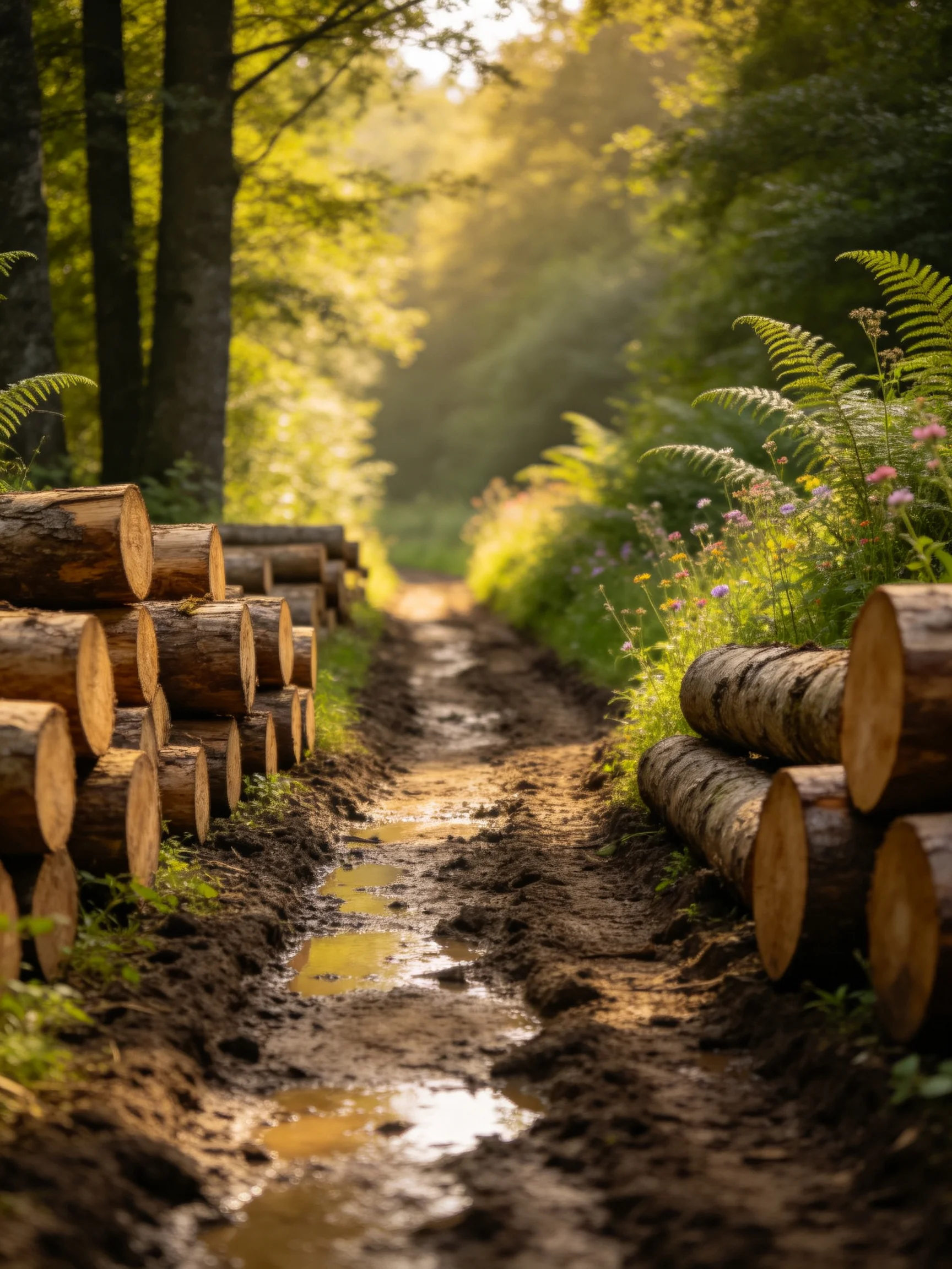 Stacked logs border a sunlit forest trail with lush greenery