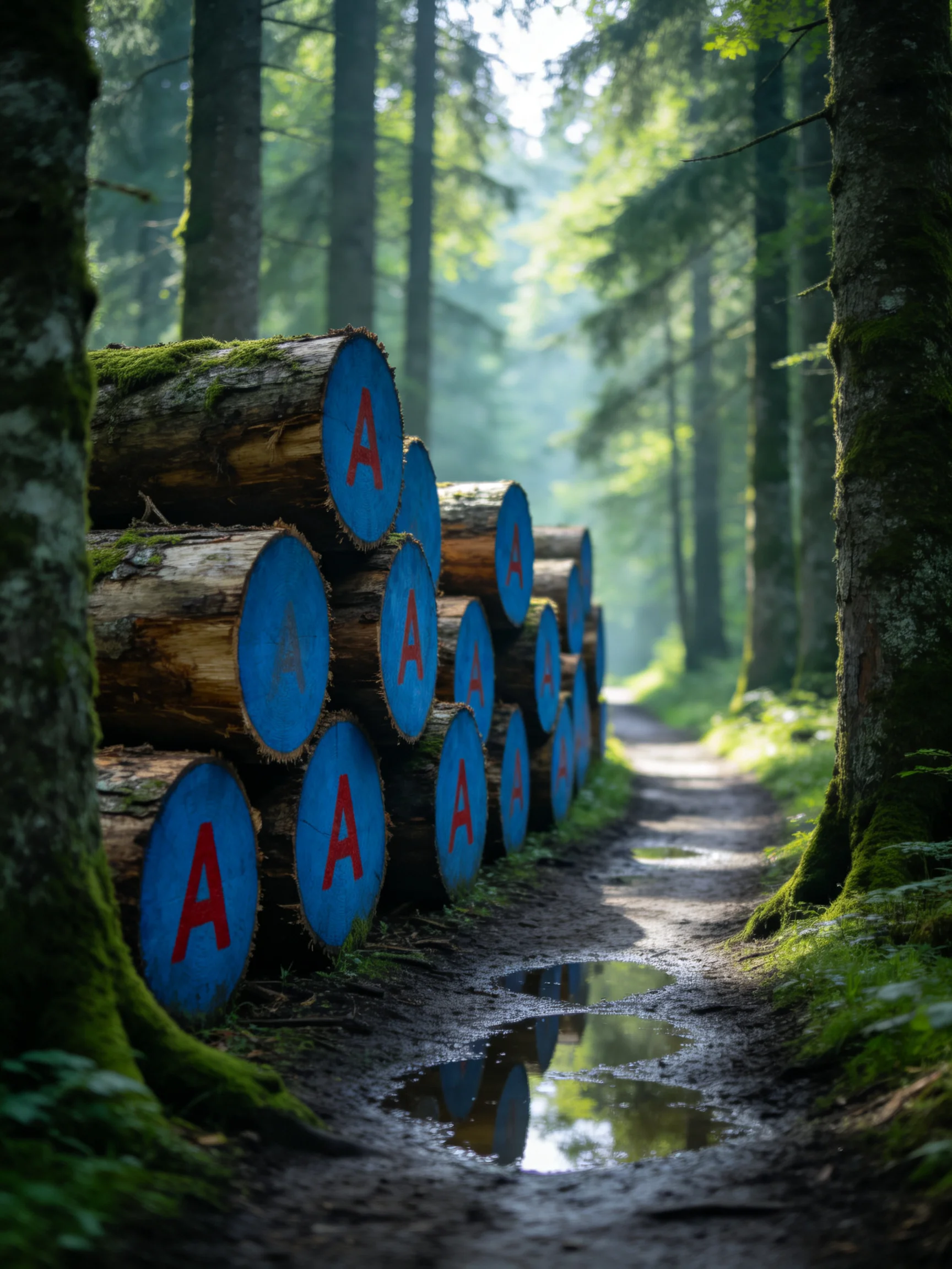 Stacked wooden logs with blue circular markings in a misty forest