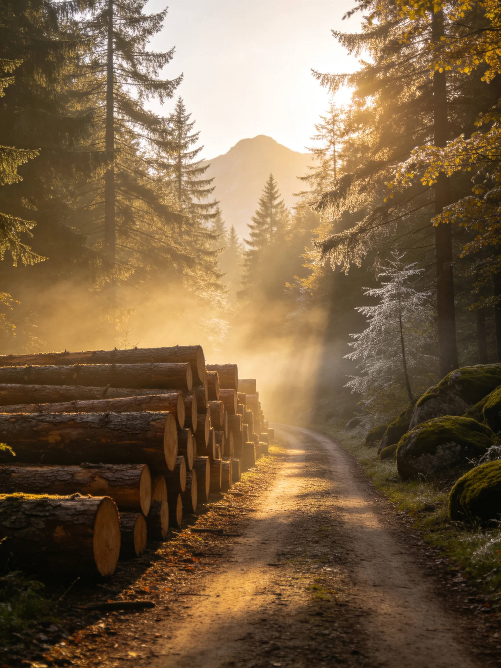 Stacks of cut logs sit along a sunlit dirt path in a misty forest