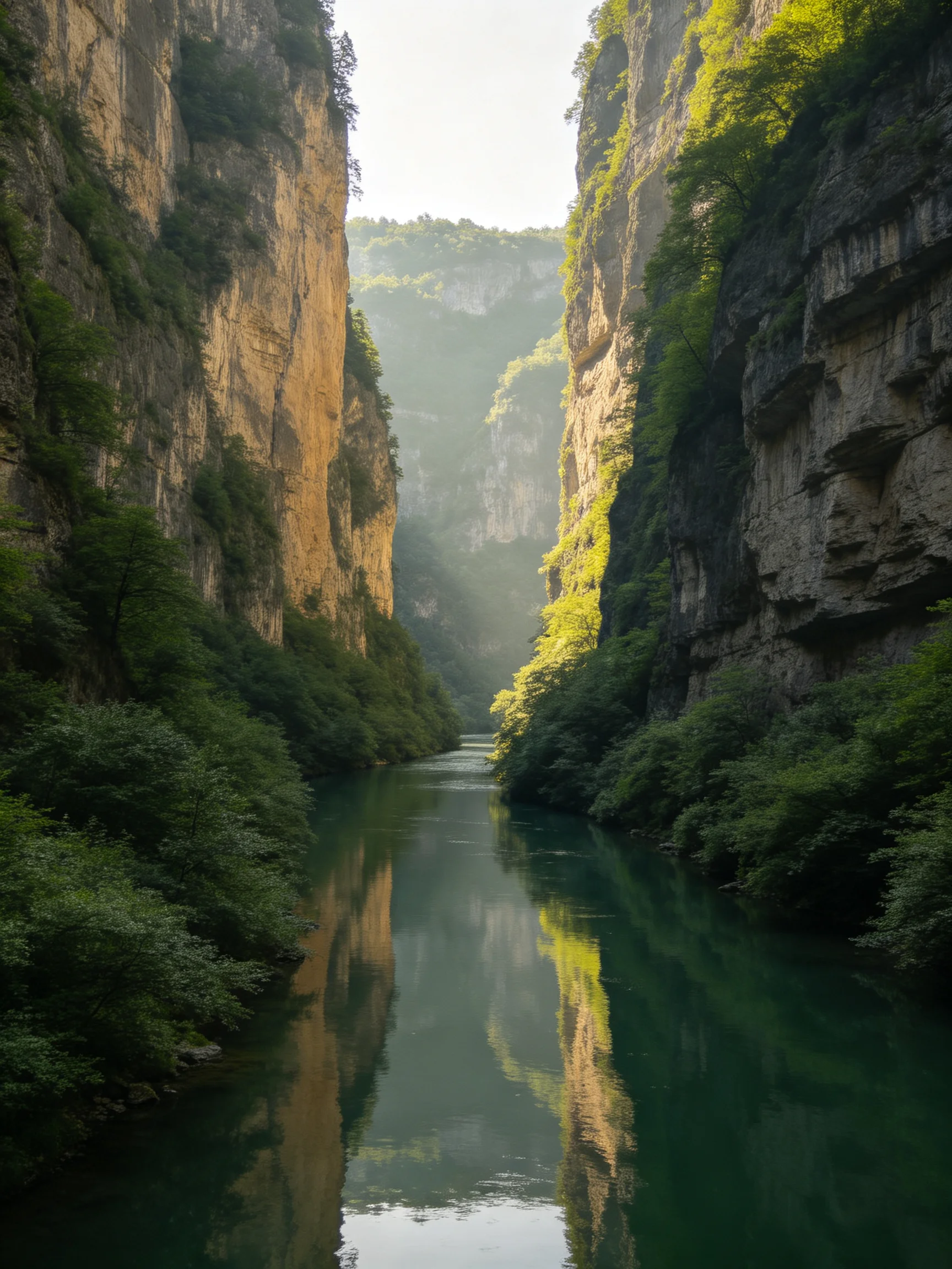 Steep cliffs with lush greenery surround a calm green river
