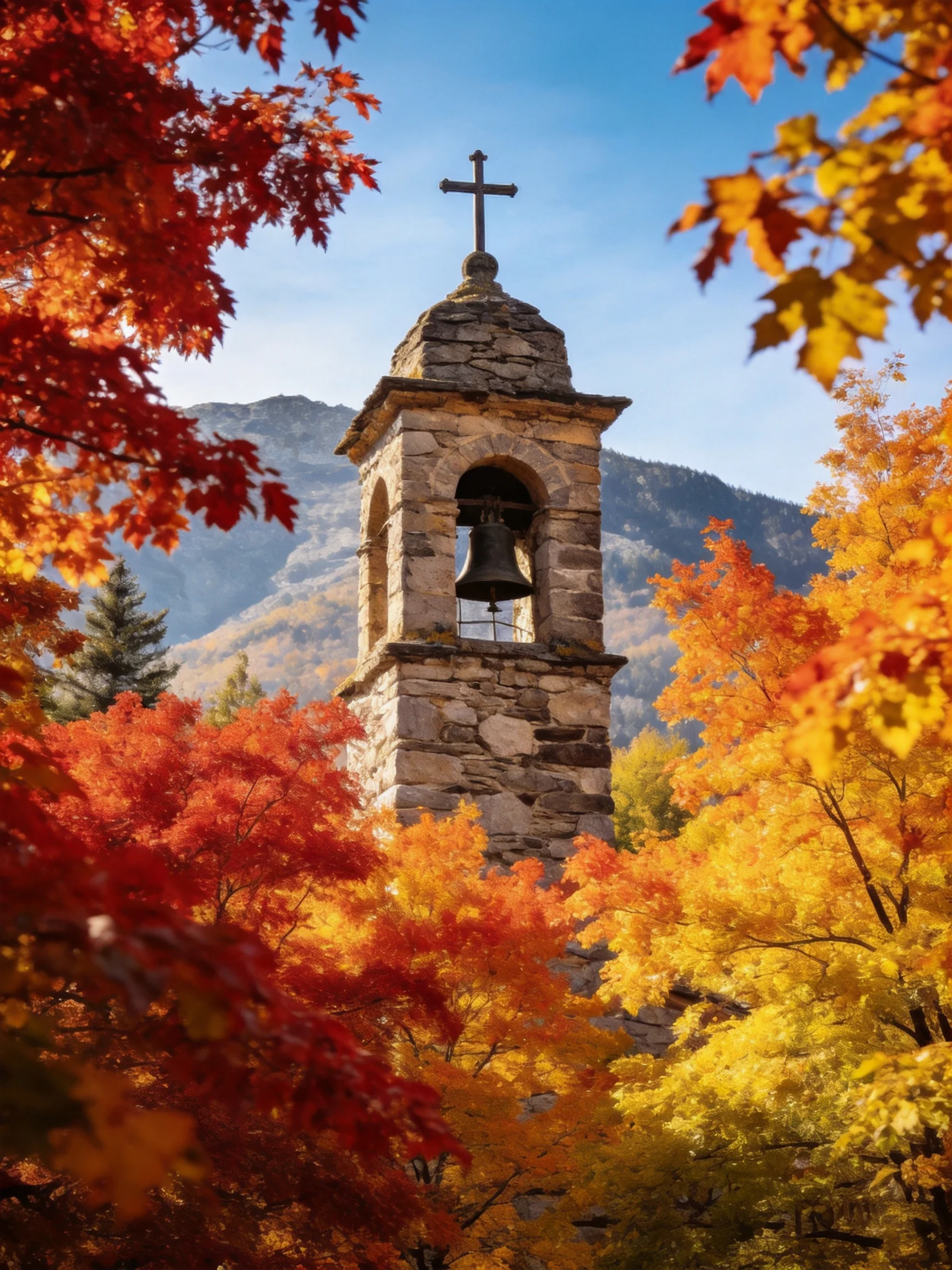 Stone Bell Tower Framed by Fiery Autumn Trees and Distant Mountains
