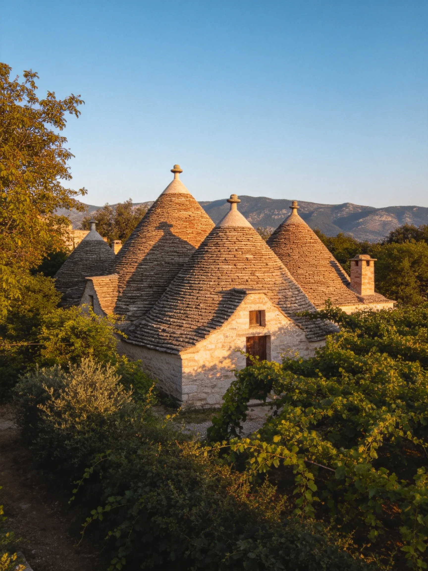 Stone Trulli Houses with Cone Roofs Near Vineyards