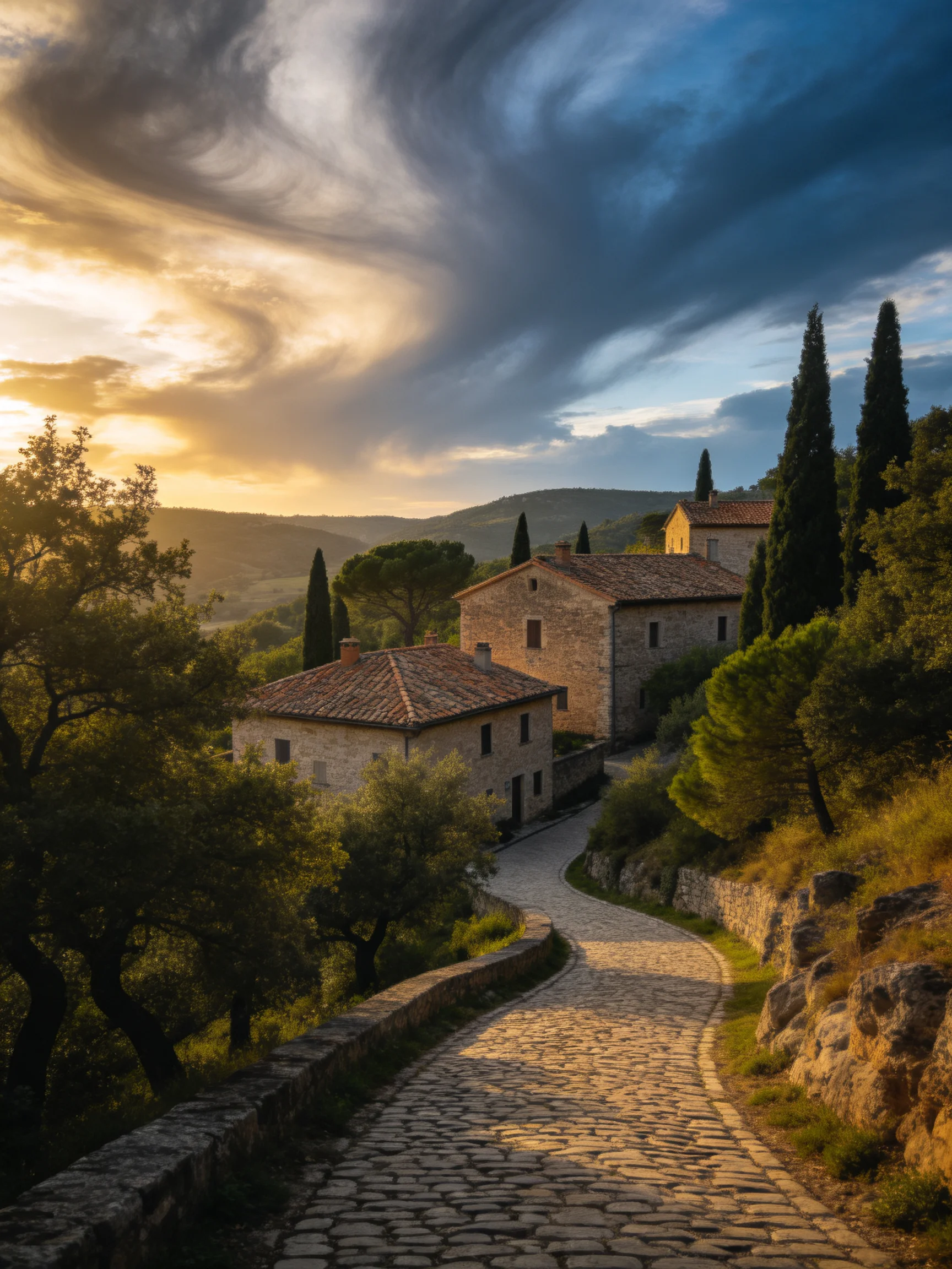 Stone cottages along winding cobblestone path under dramatic sunset sky