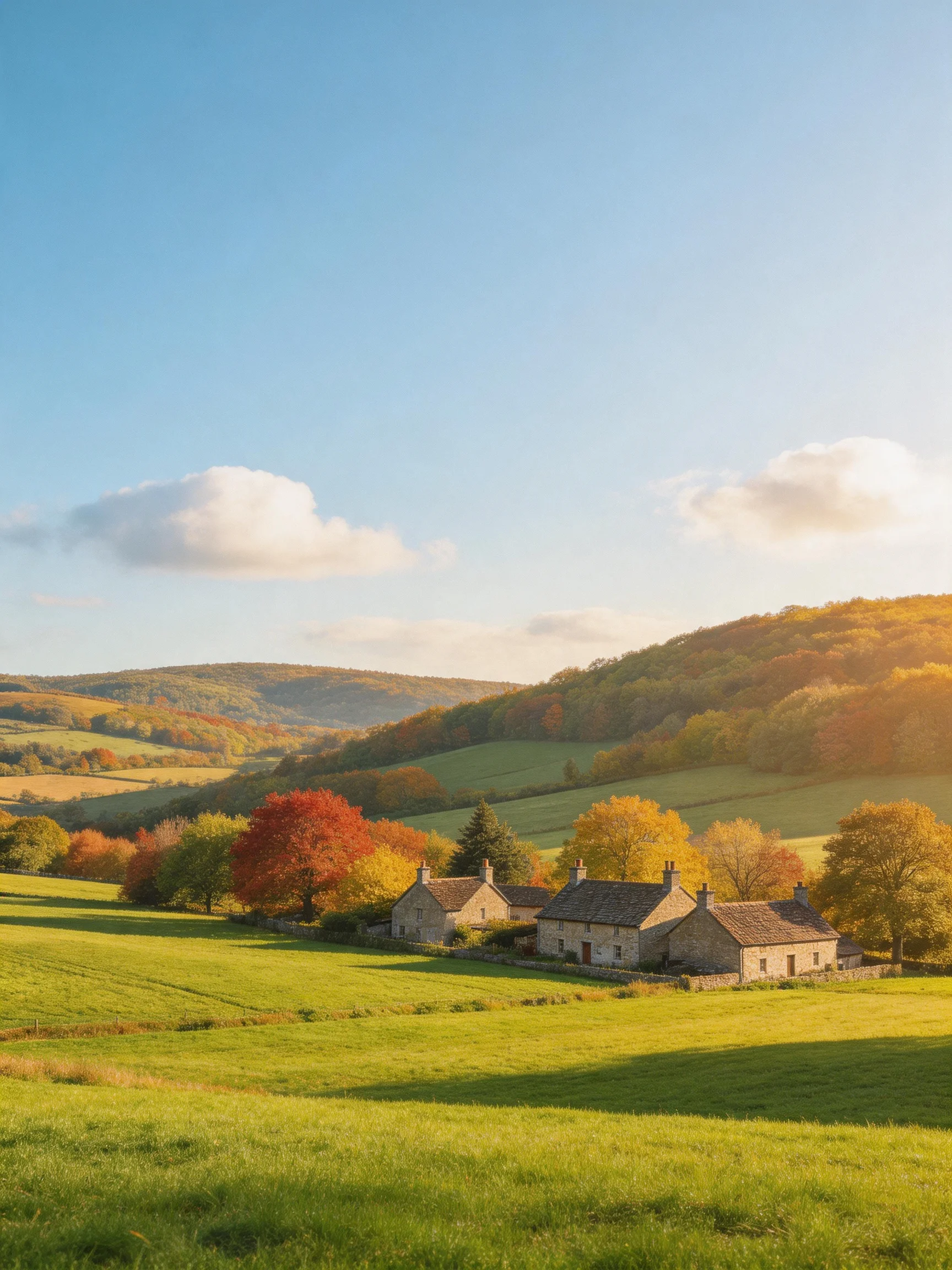 Stone cottages amid vibrant autumn foliage and rolling green hills