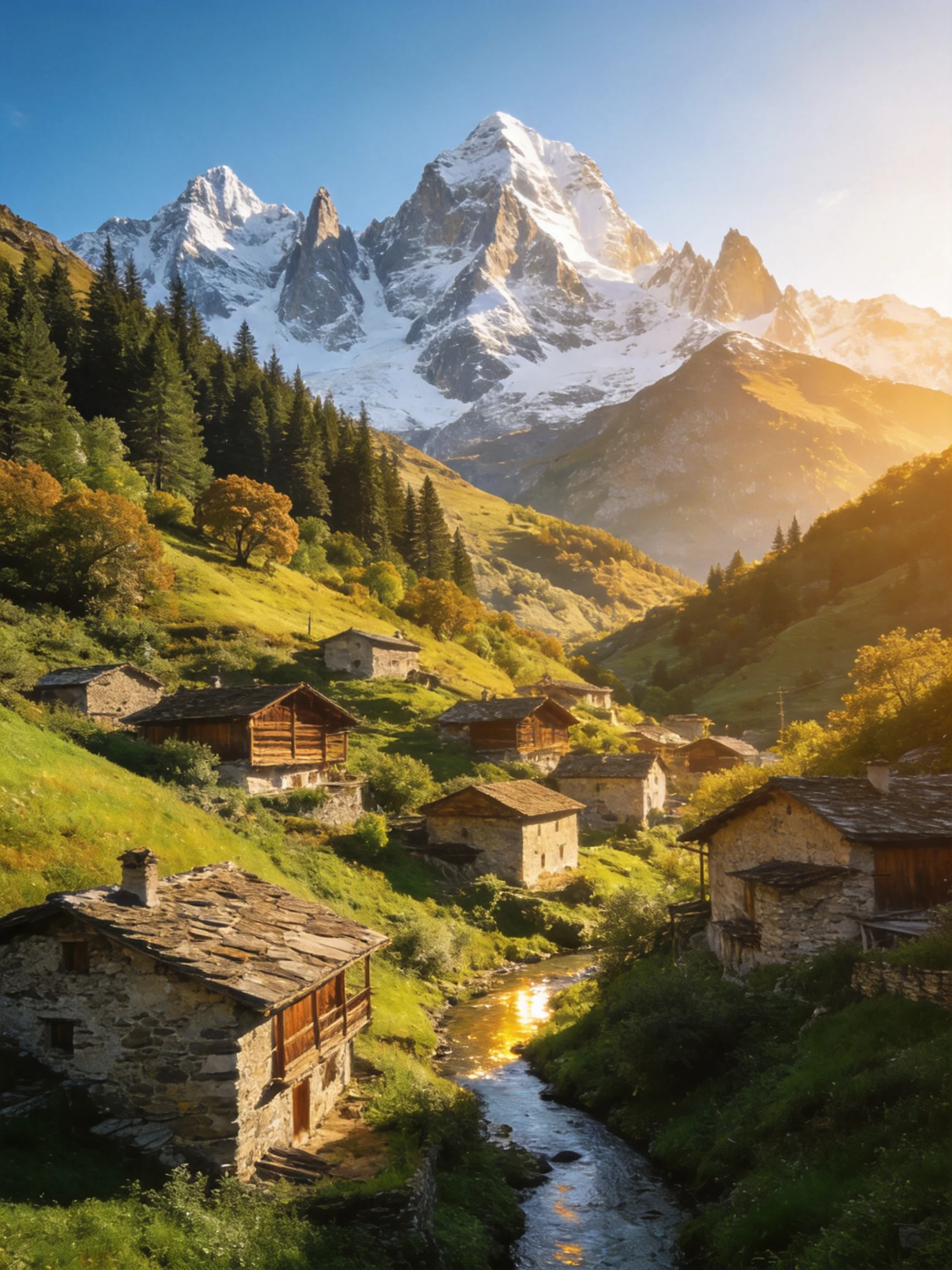 Stone cottages and wooden cabins near a winding stream beneath snow-capped mountains