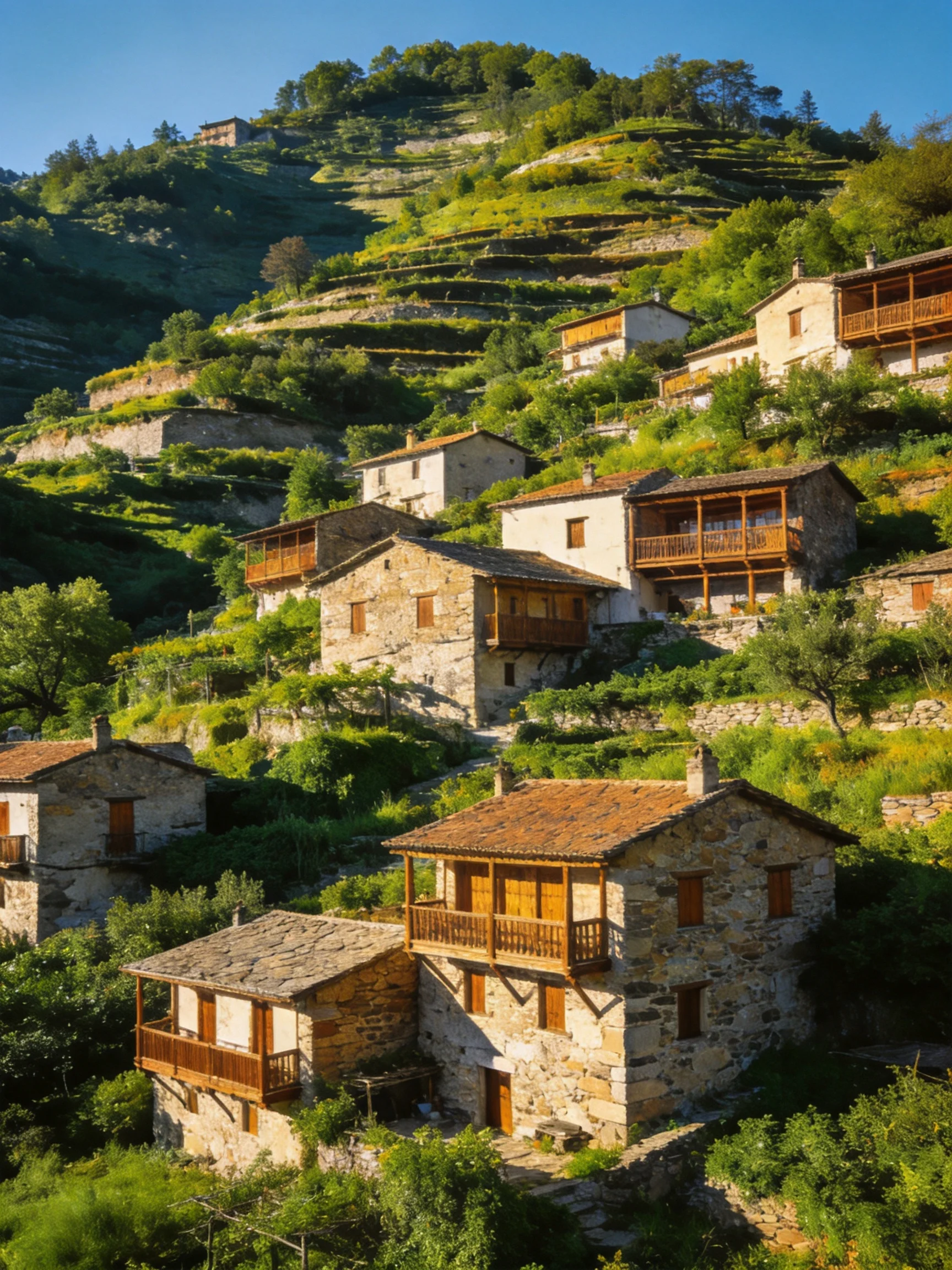 Stone cottages nestled among lush terraced hillside landscapes