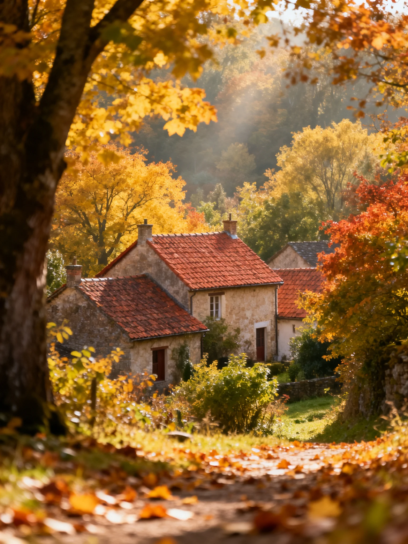 Stone cottages with red tile roofs nestled among golden autumn foliage