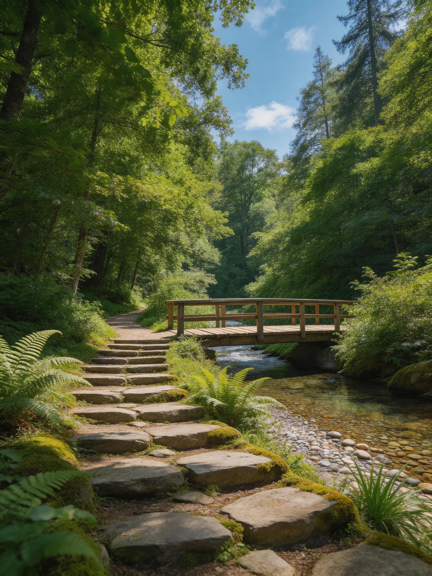 Stone steps lead to a wooden bridge over a clear forest stream